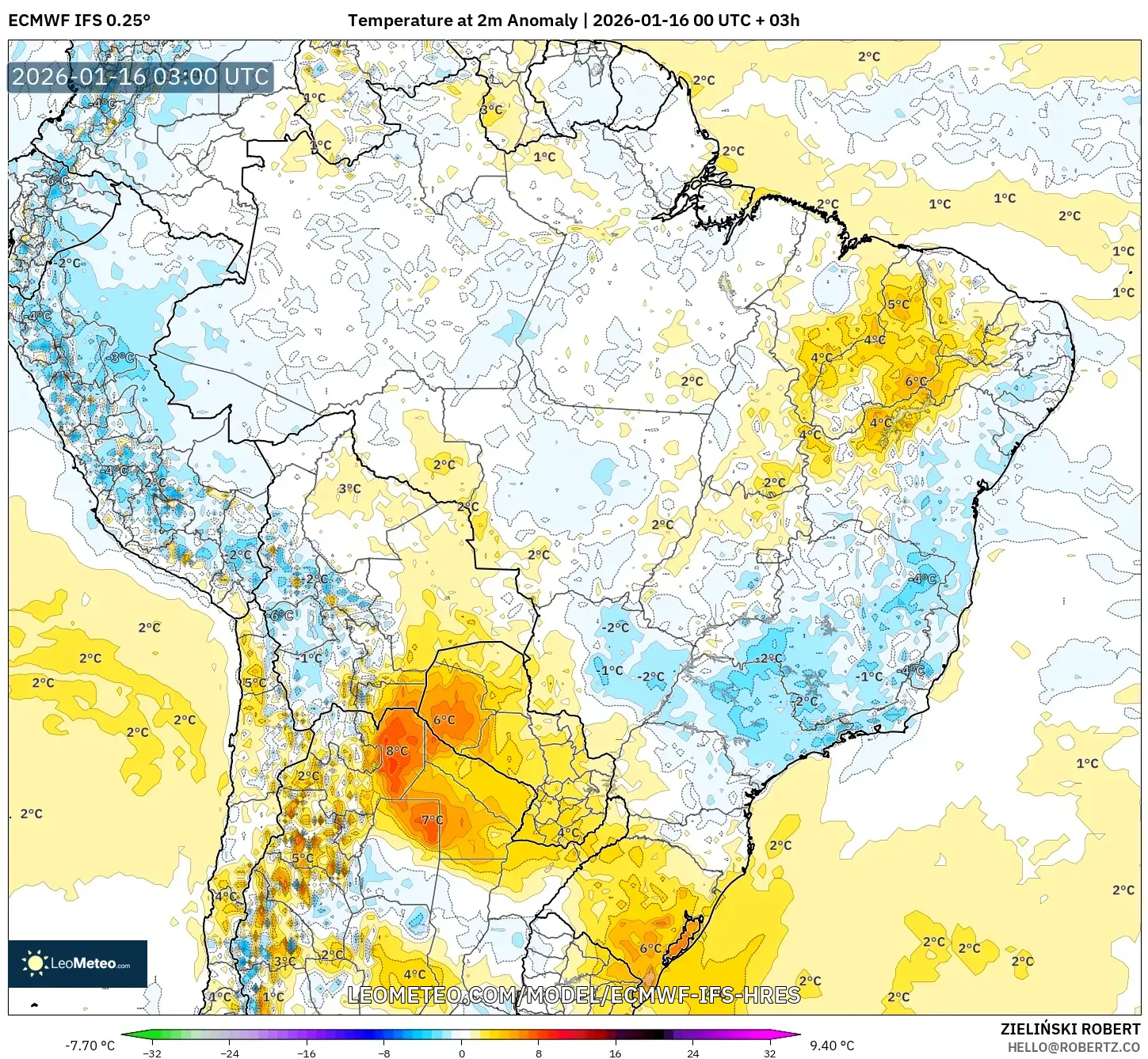 ECMWF IFS 0.25° model - Brazil, Temperature at 2m Anomaly