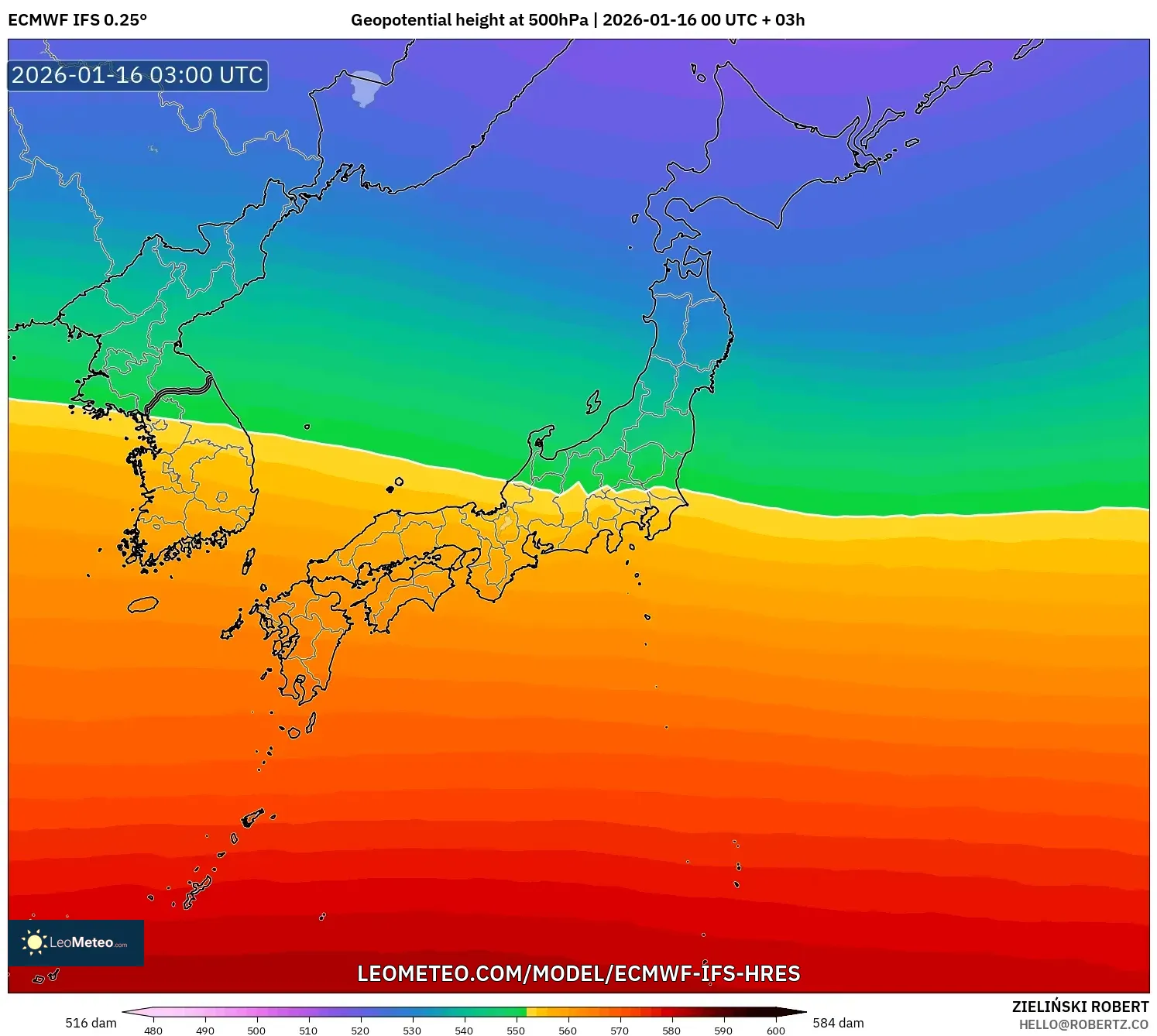 ECMWF IFS 0.25° model - Japan, Geopotential height at 500hPa