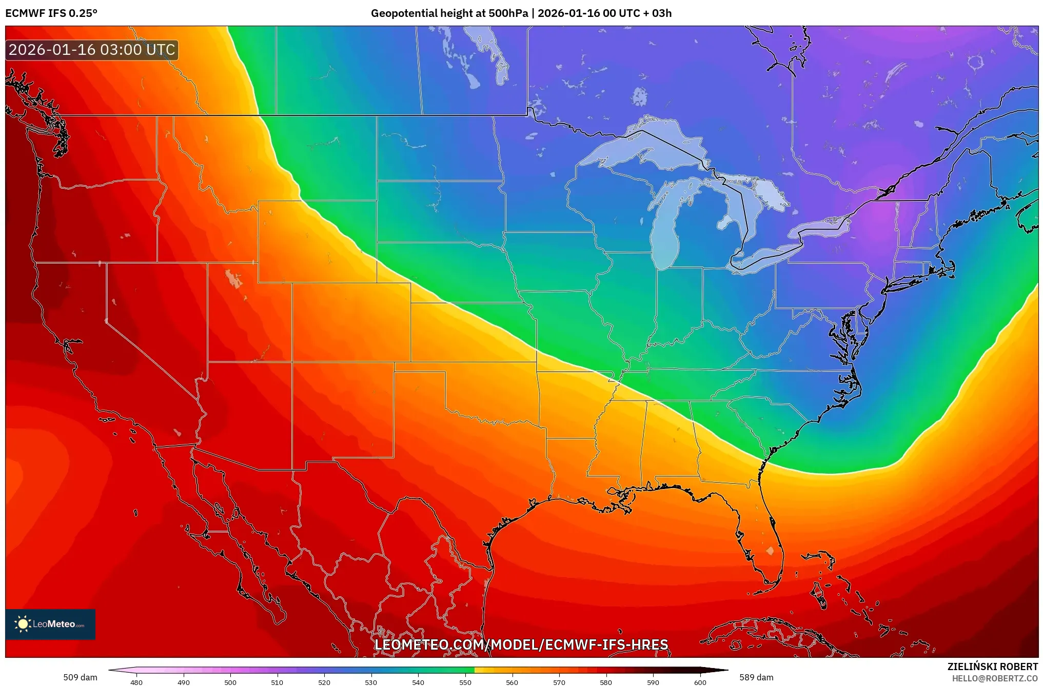 ECMWF IFS 0.25° model - United States, Geopotential height at 500hPa