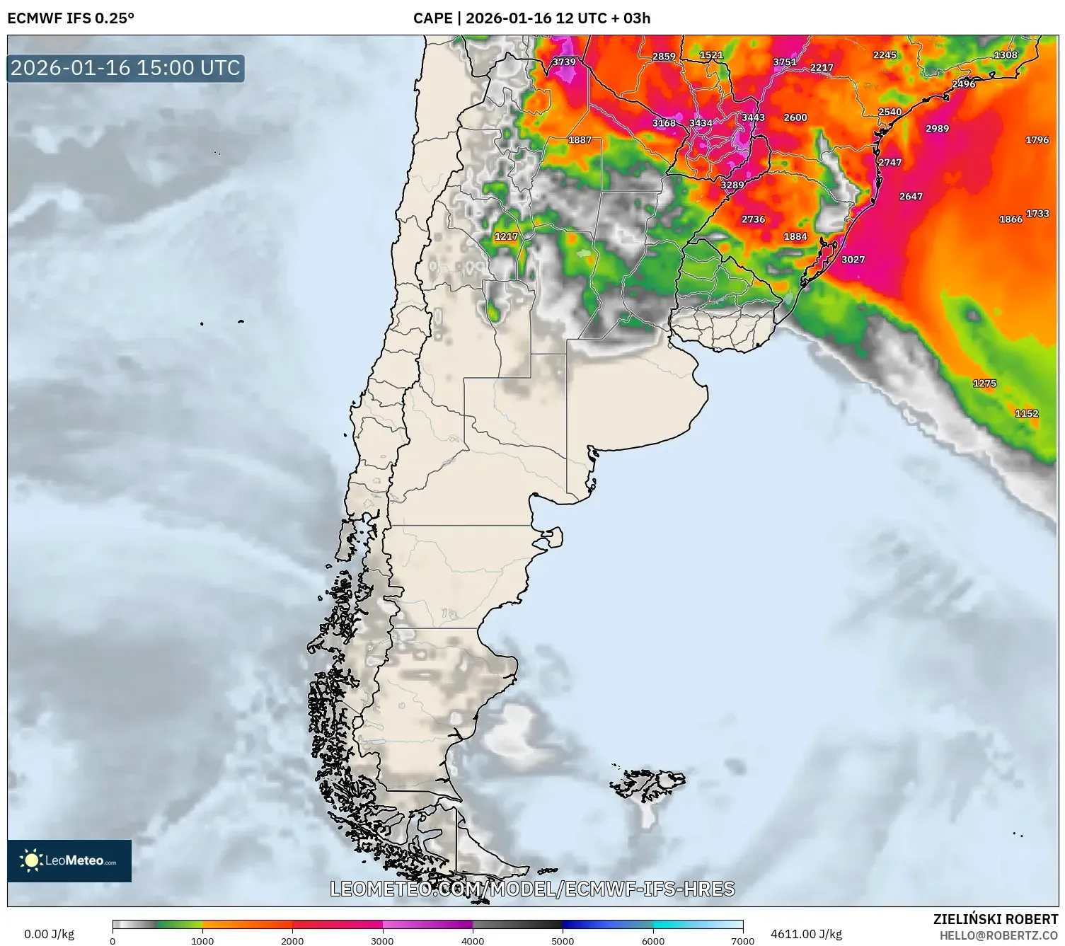 ECMWF IFS 0.25° model - Argentina, CAPE