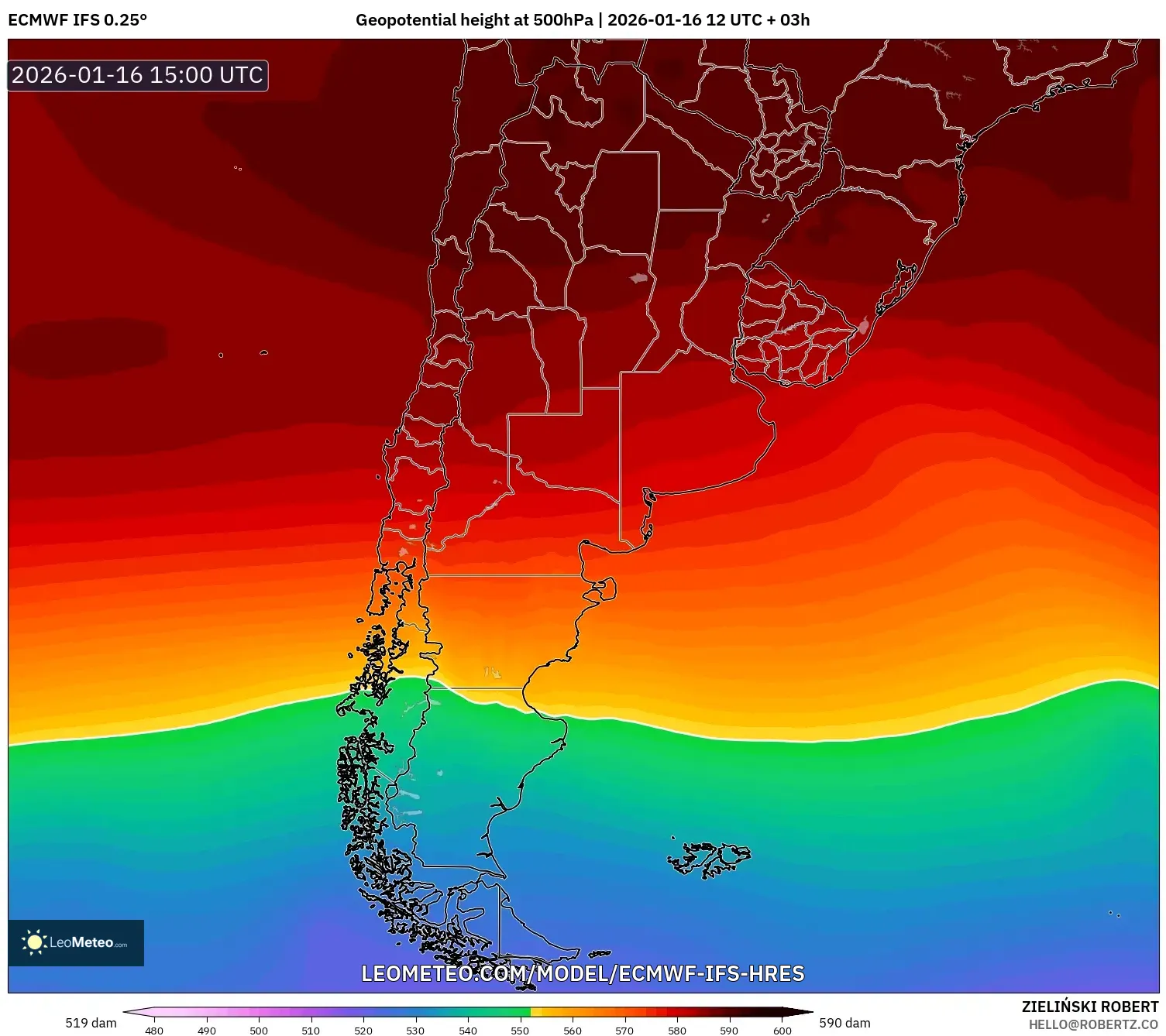 ECMWF IFS 0.25° model - Argentina, Geopotential height at 500hPa