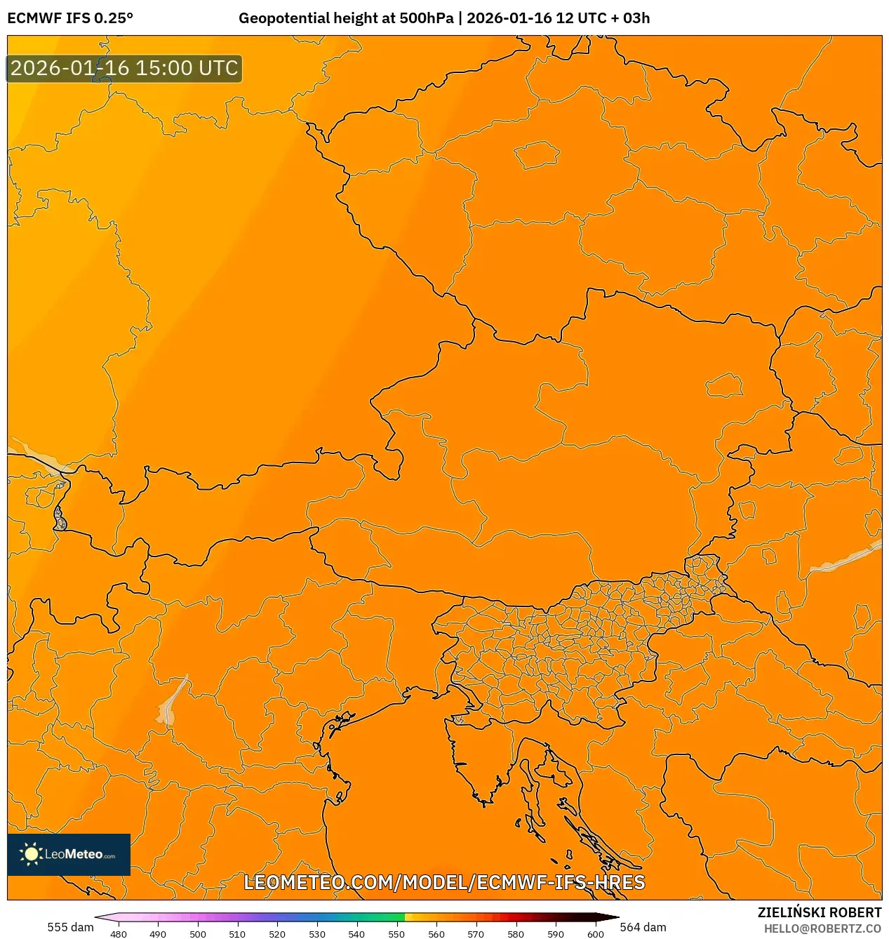 ECMWF IFS 0.25° model - Austria, Geopotential height at 500hPa