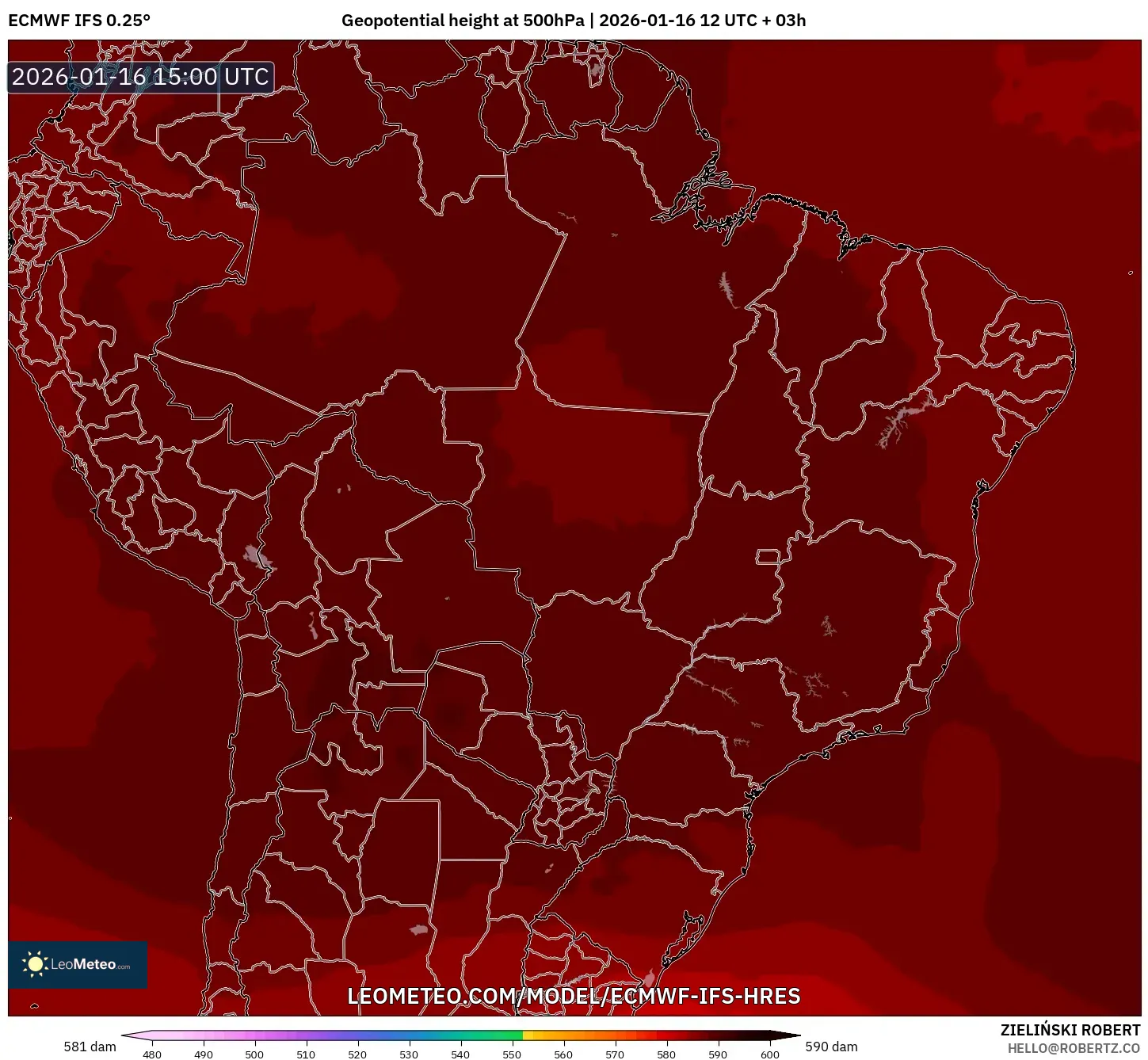 ECMWF IFS 0.25° model - Brazil, Geopotential height at 500hPa