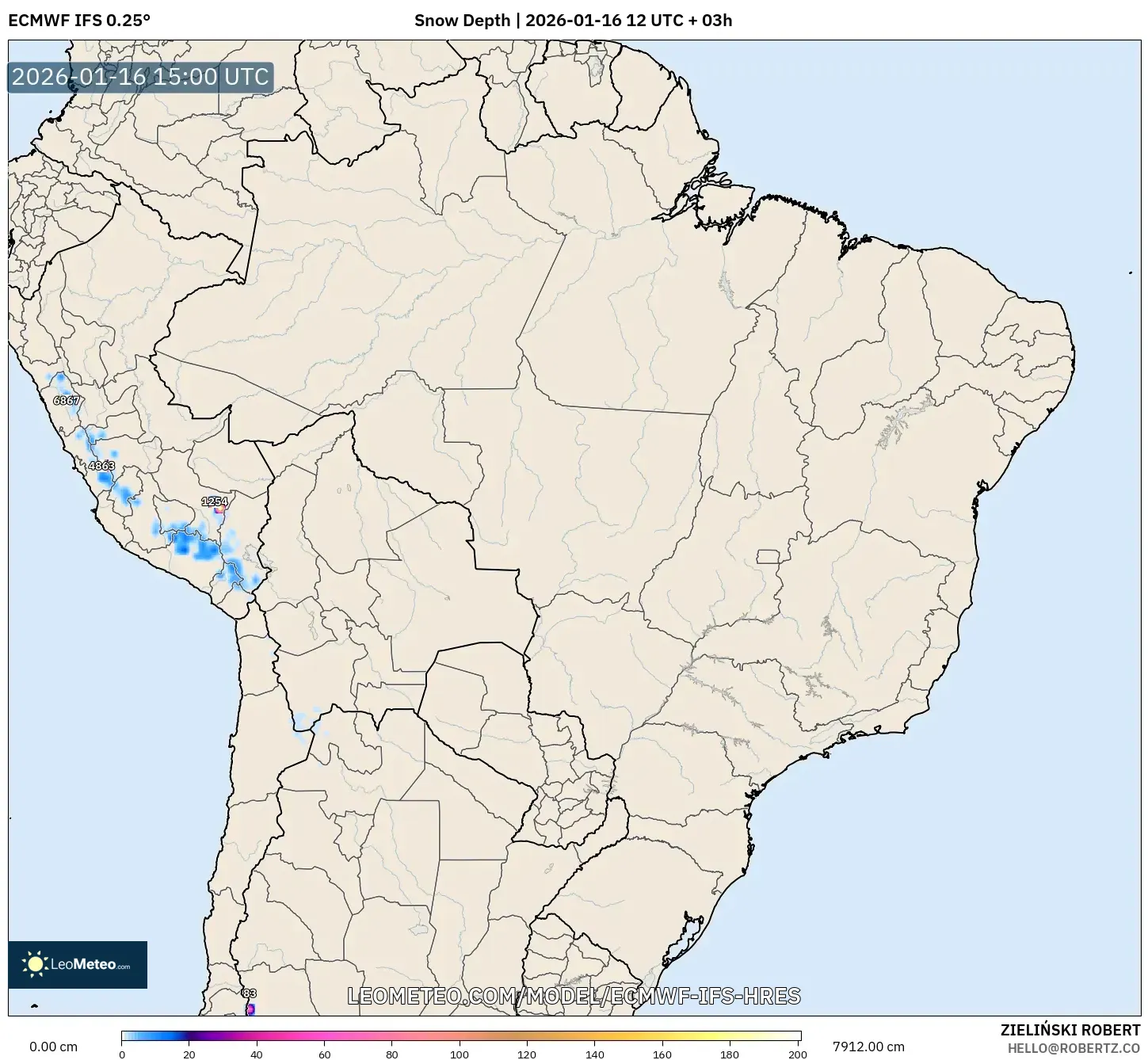 ECMWF IFS 0.25° model - Brazil, Snow Depth