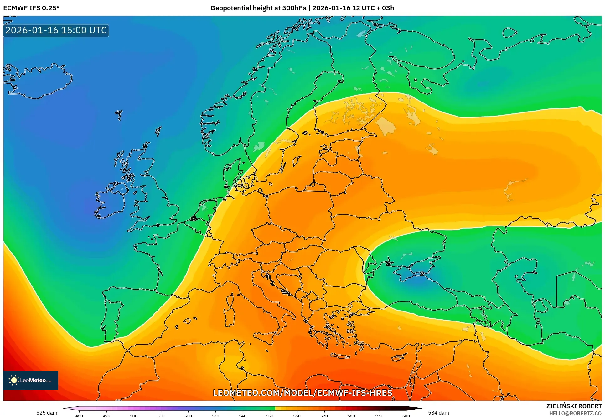 ECMWF IFS 0.25° model - Europe, Geopotential height at 500hPa