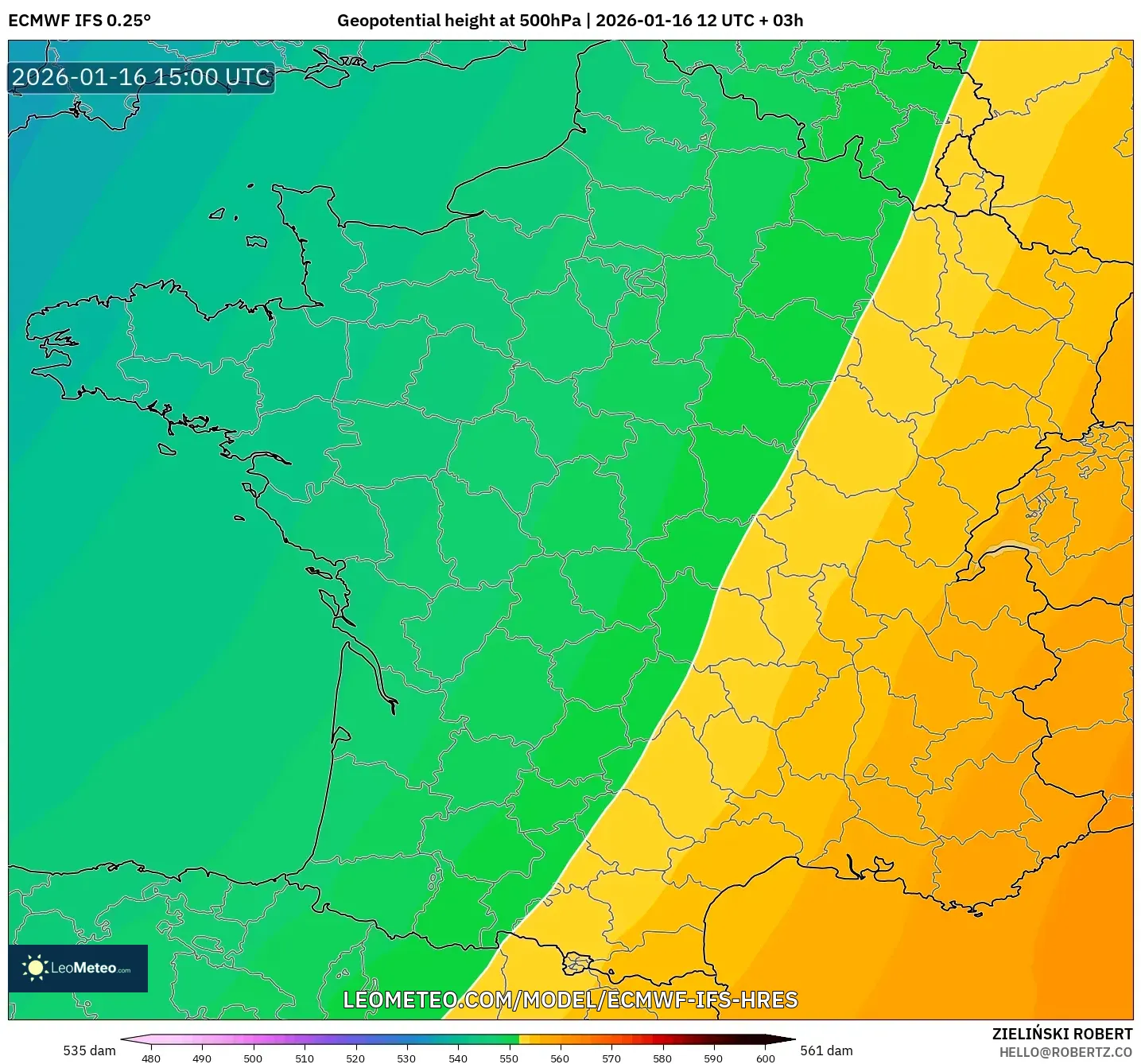 ECMWF IFS 0.25° model - France, Geopotential height at 500hPa