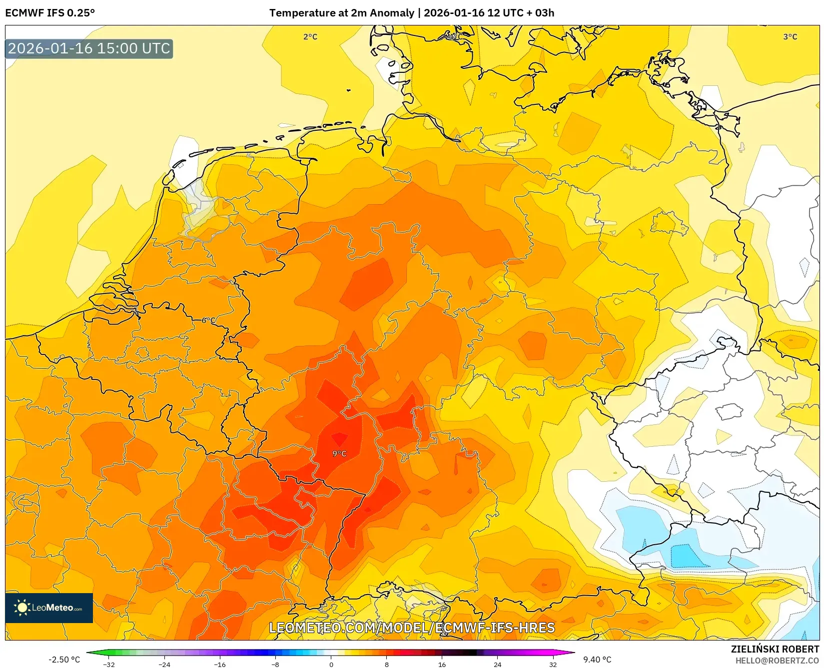 ECMWF IFS 0.25° model - Germany, Temperature at 2m Anomaly