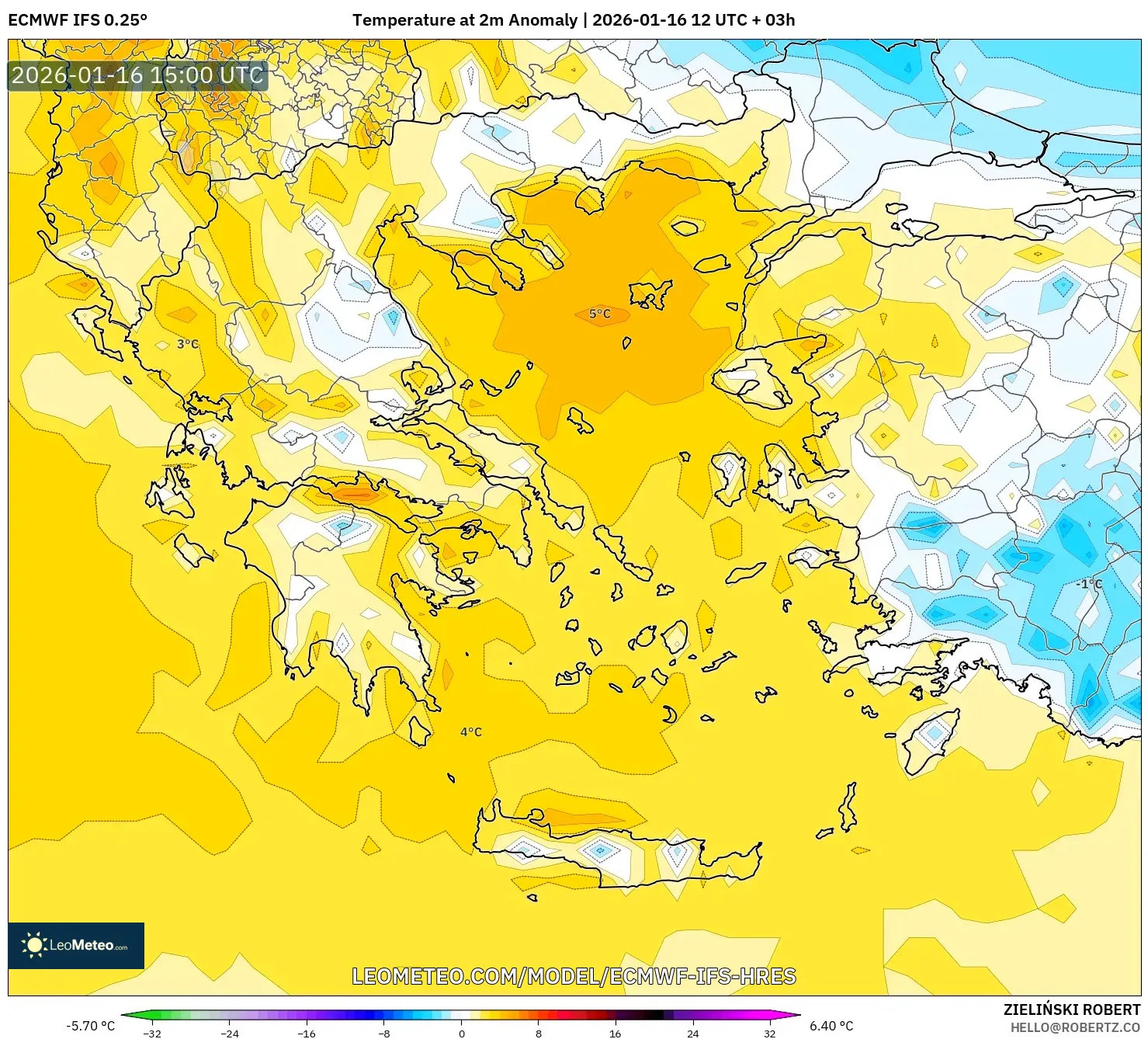 ECMWF IFS 0.25° model - Greece, Temperature at 2m Anomaly