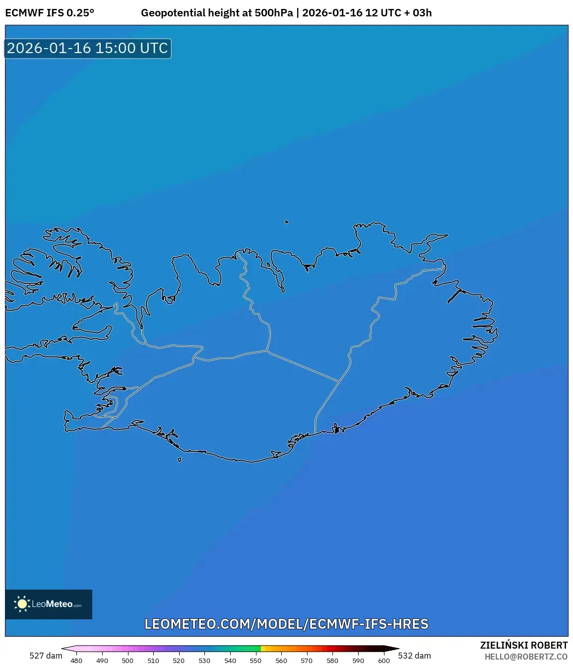 ECMWF IFS 0.25° model - Iceland, Geopotential height at 500hPa