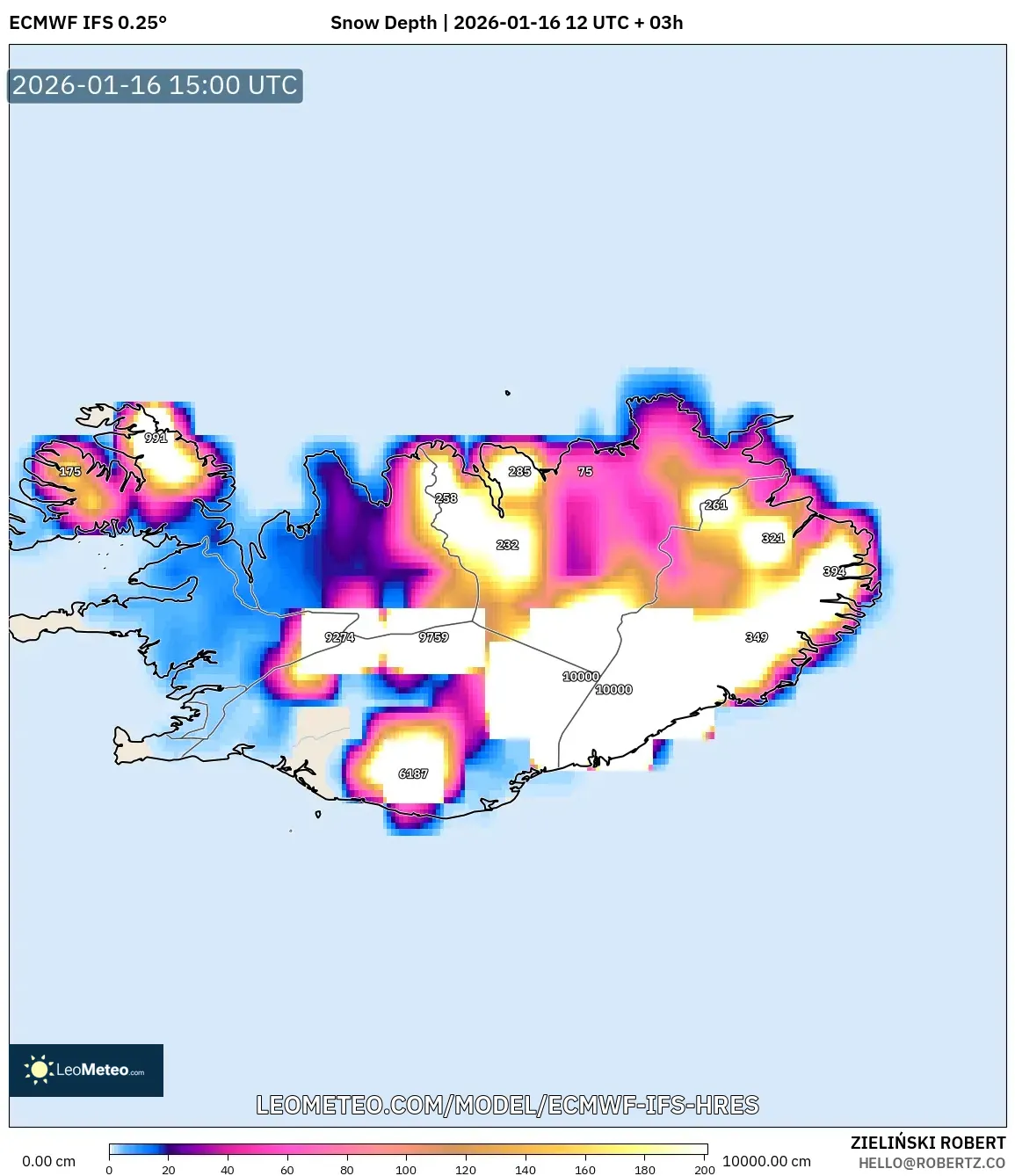 ECMWF IFS 0.25° model - Iceland, Snow Depth