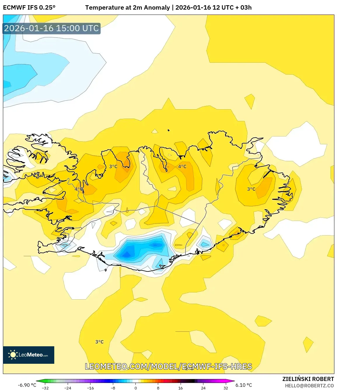 ECMWF IFS 0.25° model - Iceland, Temperature at 2m Anomaly