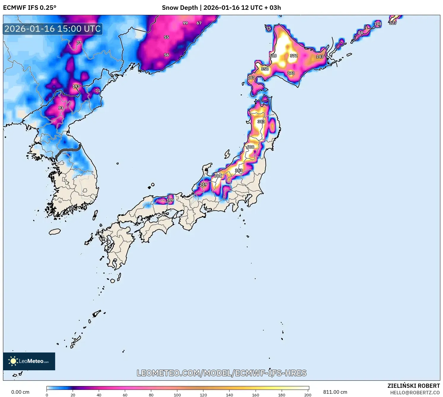 ECMWF IFS 0.25° model - Japan, Snow Depth