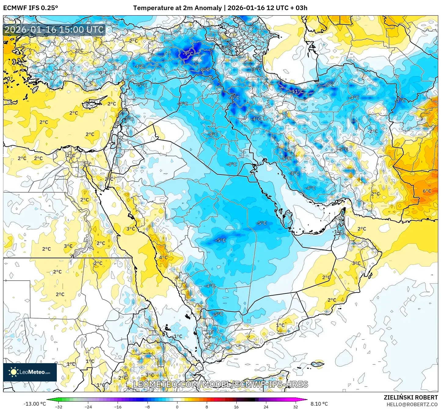 ECMWF IFS 0.25° model - Middle East, Temperature at 2m Anomaly