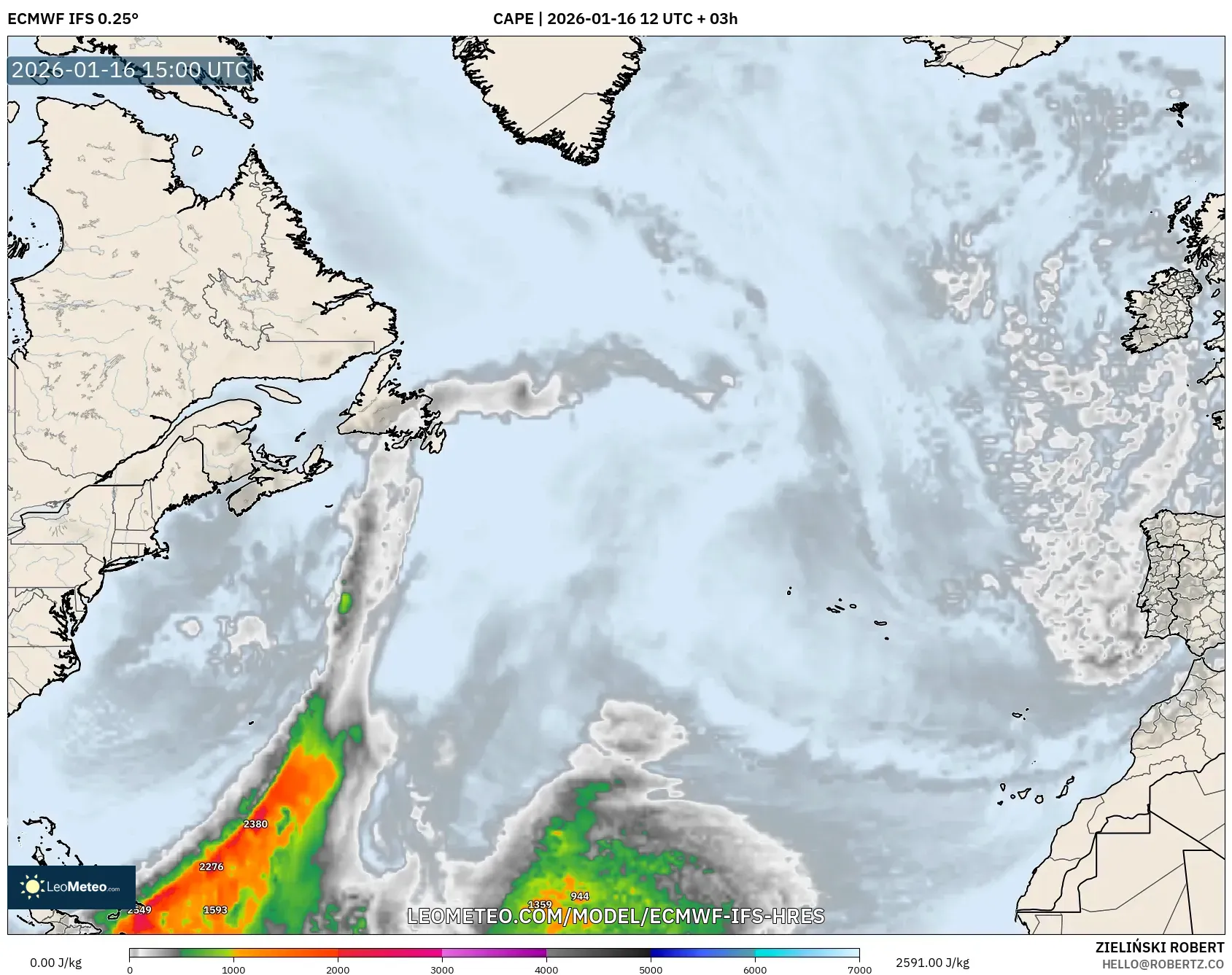 ECMWF IFS 0.25° model - North Atlantic, CAPE