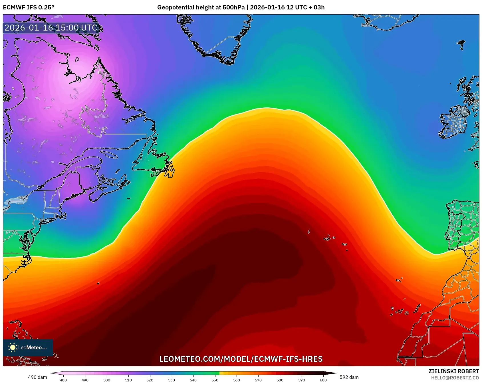 ECMWF IFS 0.25° model - North Atlantic, Geopotential height at 500hPa