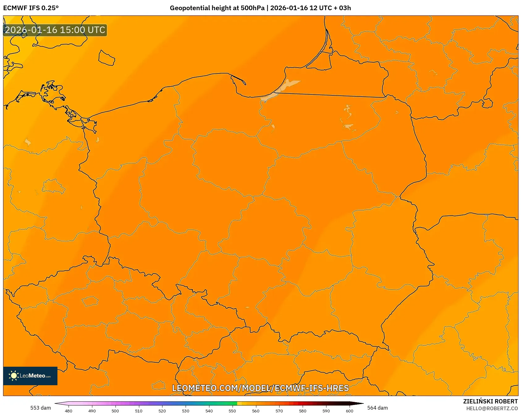ECMWF IFS 0.25° model - Poland, Geopotential height at 500hPa