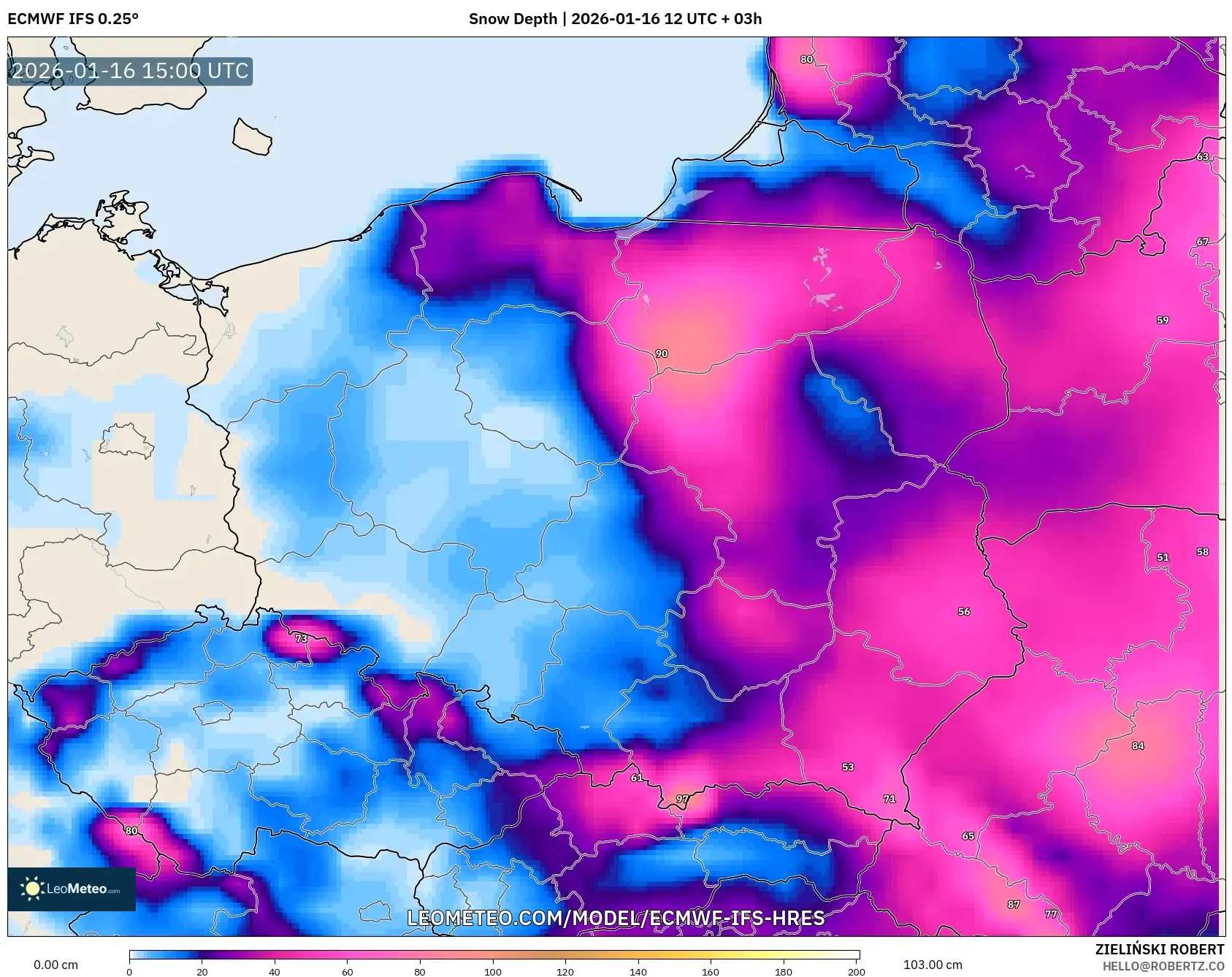 ECMWF IFS 0.25° model - Poland, Snow Depth