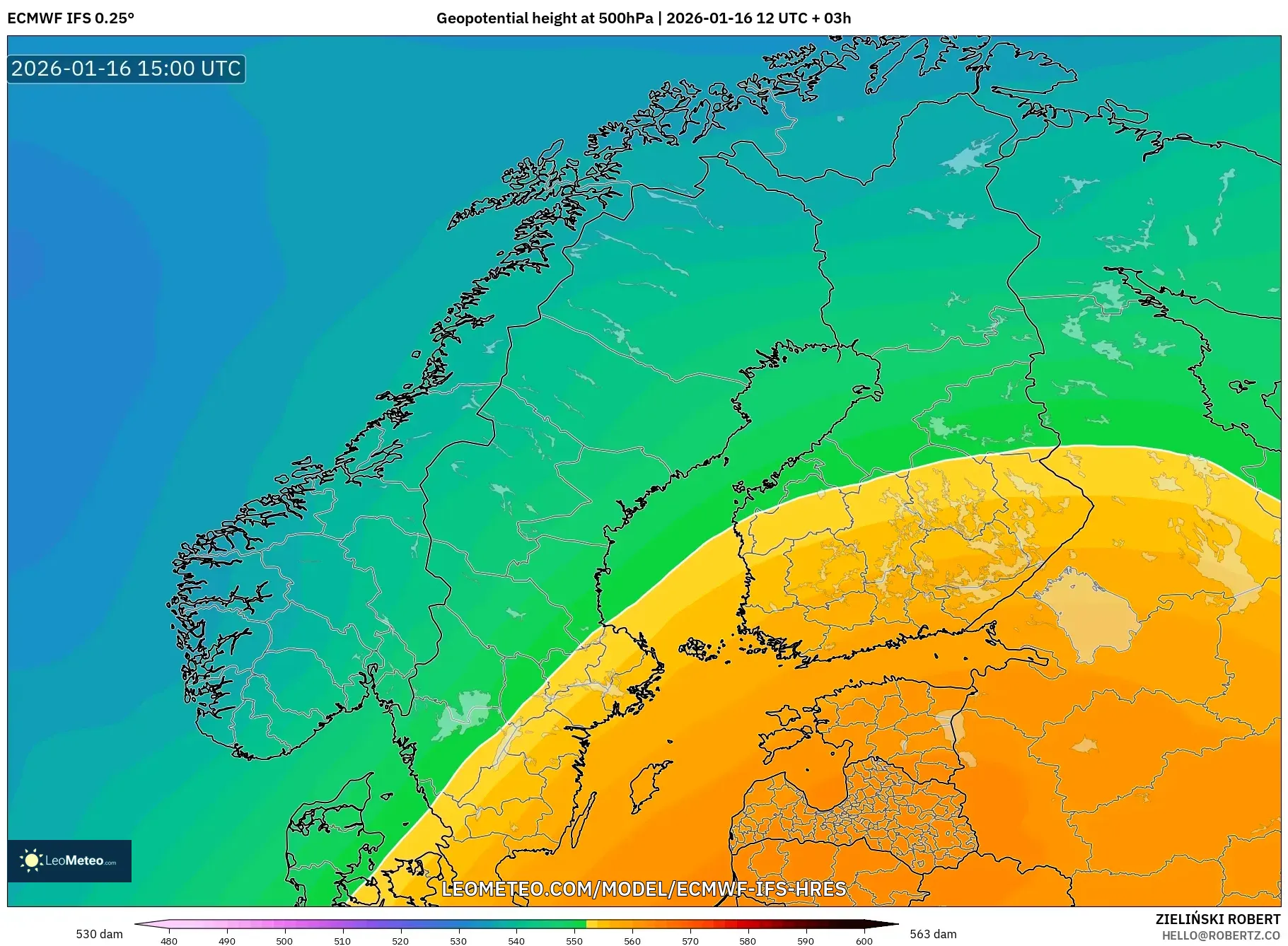ECMWF IFS 0.25° model - Scandinavia, Geopotential height at 500hPa
