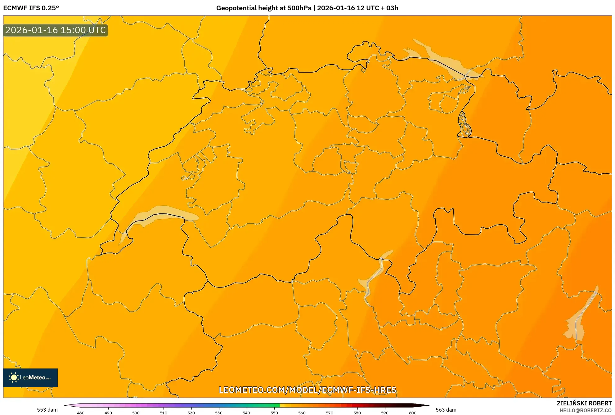 ECMWF IFS 0.25° model - Switzerland, Geopotential height at 500hPa