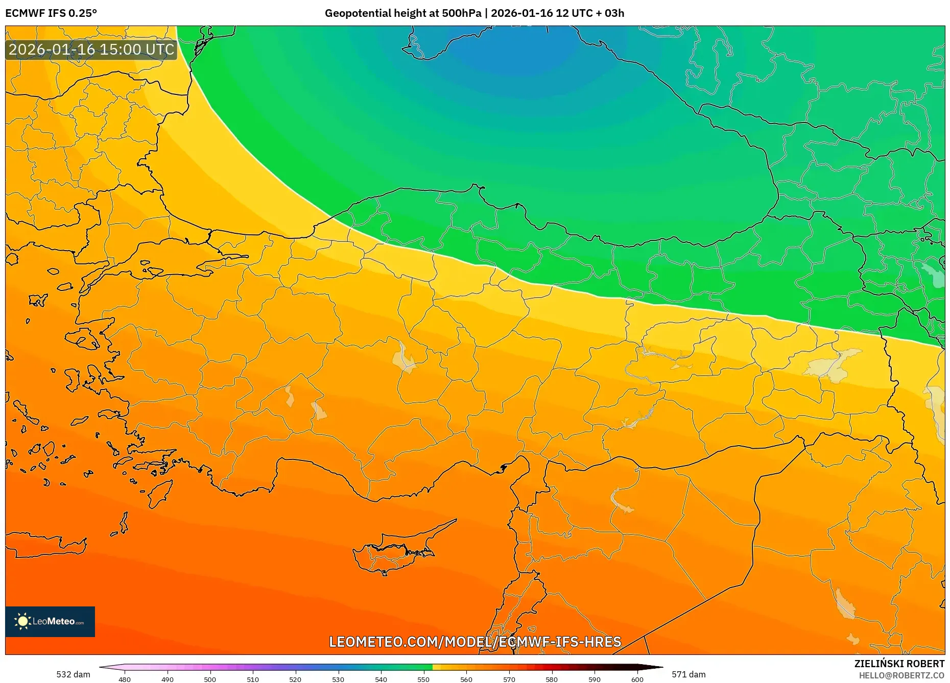 ECMWF IFS 0.25° model - Turkey, Geopotential height at 500hPa