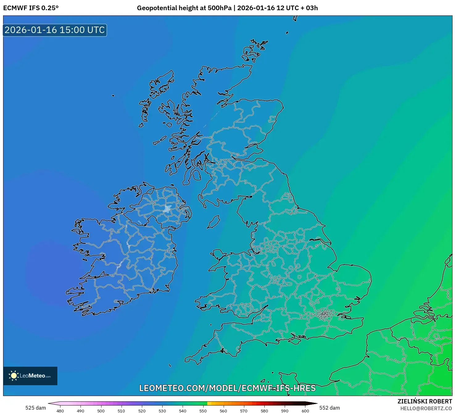 ECMWF IFS 0.25° model - United Kingdom, Geopotential height at 500hPa