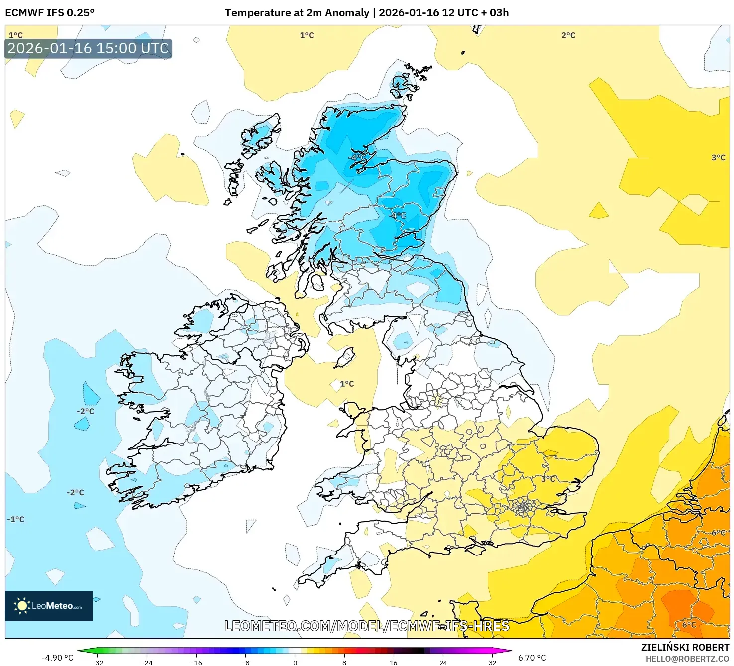ECMWF IFS 0.25° model - United Kingdom, Temperature at 2m Anomaly