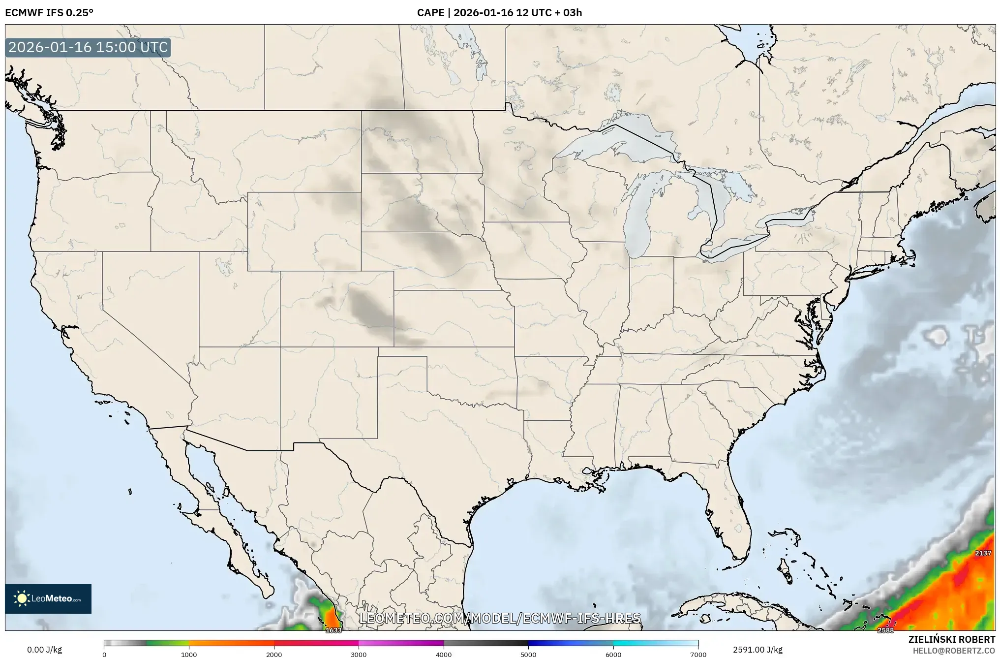 ECMWF IFS 0.25° model - United States, CAPE