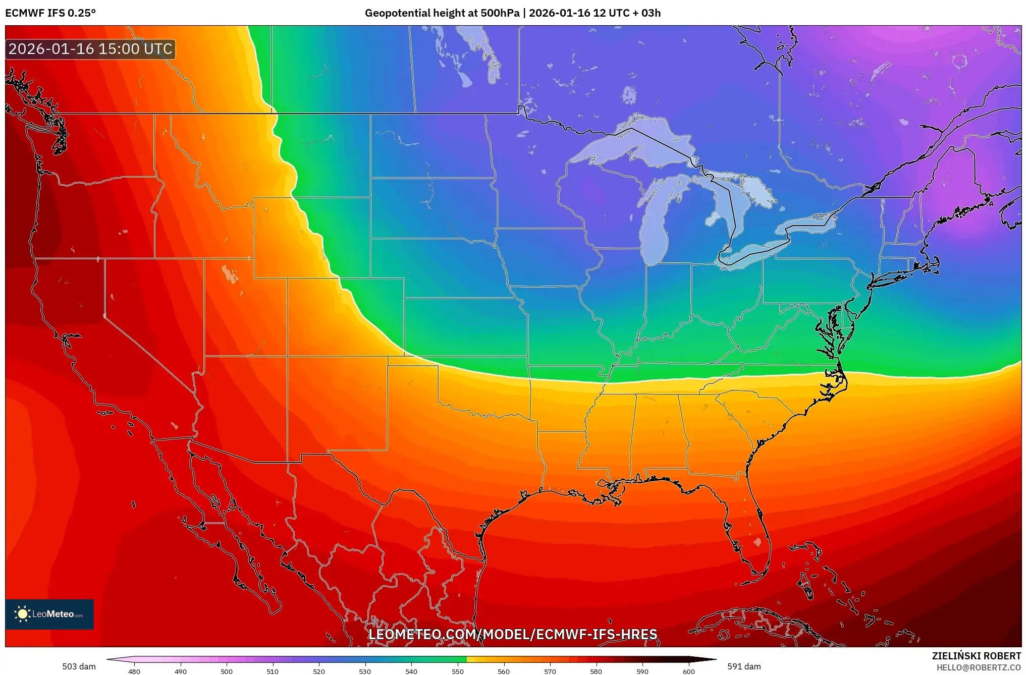 ECMWF IFS 0.25° model - United States, Geopotential height at 500hPa