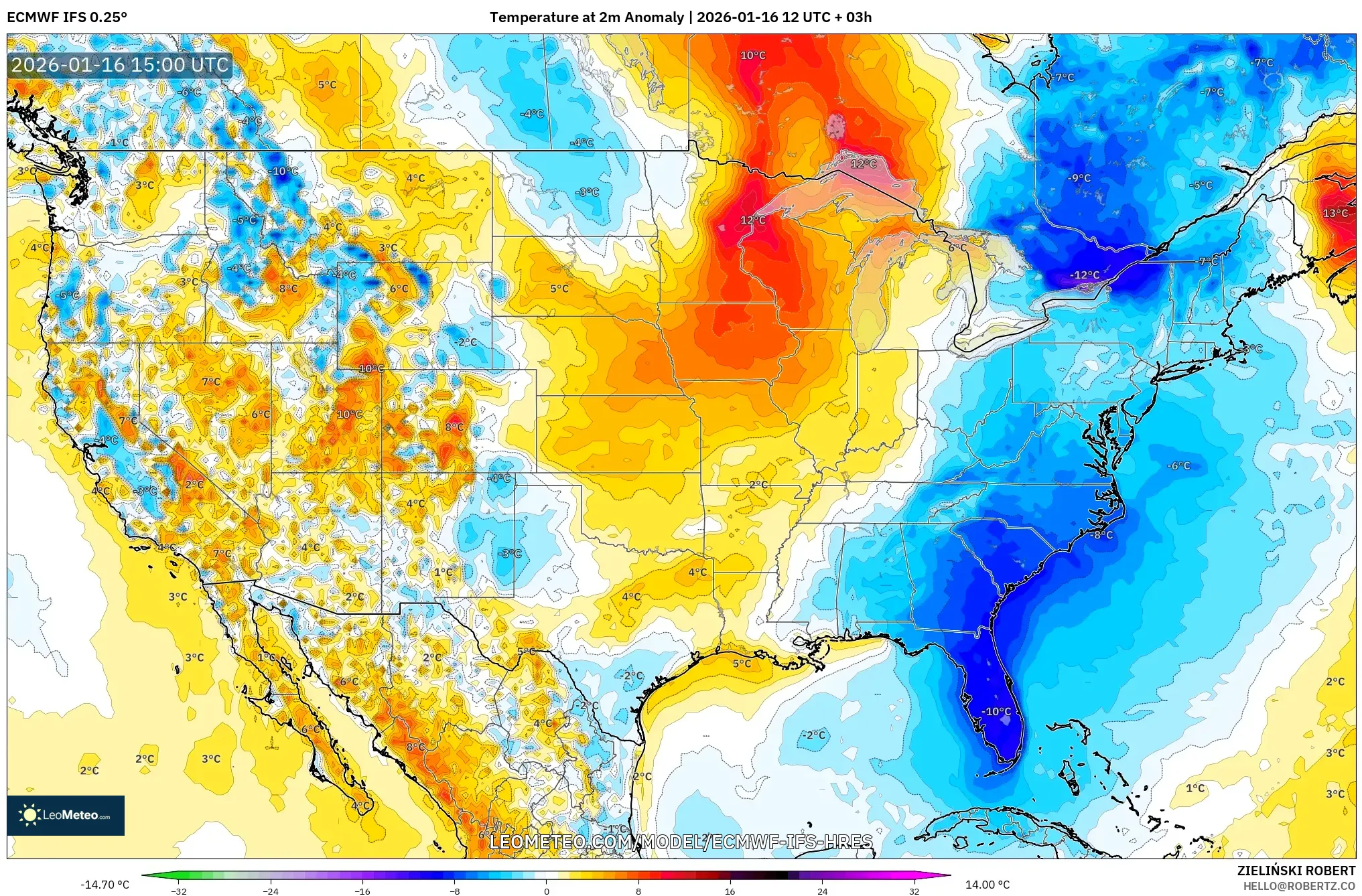 ECMWF IFS 0.25° model - United States, Temperature at 2m Anomaly