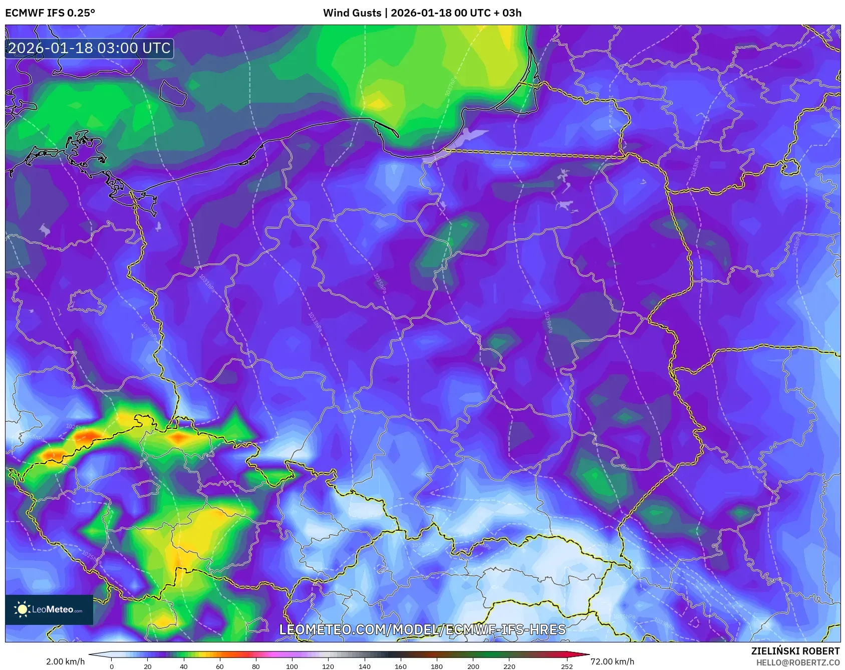 ECMWF IFS 0.25° model - Poland, Wind Gusts