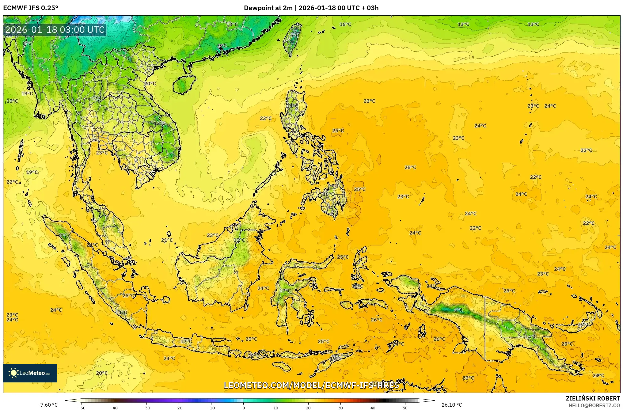 ECMWF IFS 0.25° model - South East Asia, Dewpoint at 2m