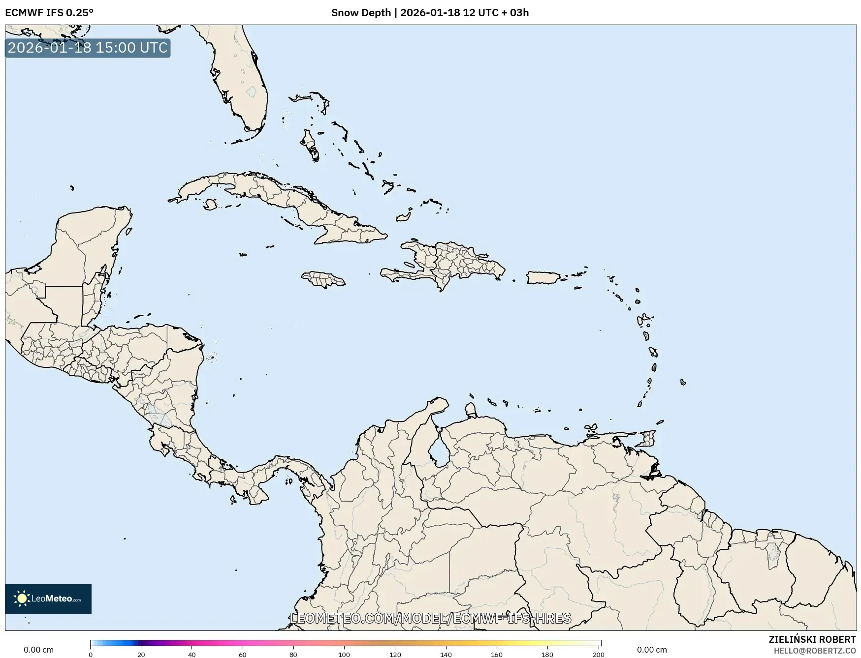 ECMWF IFS 0.25° model - Caribbean, Snow Depth