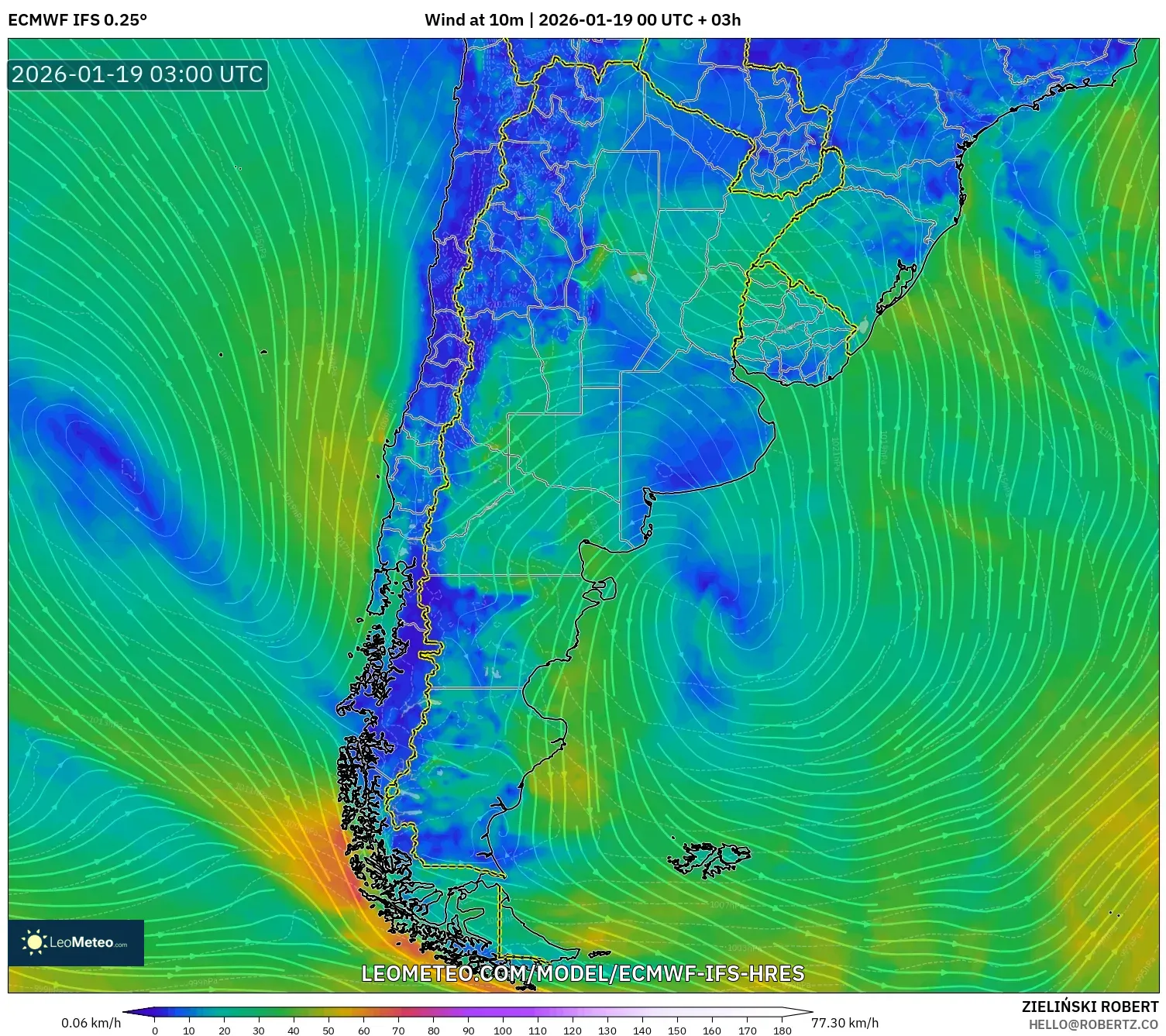 ECMWF IFS 0.25° model - Argentina, Wind at 10m