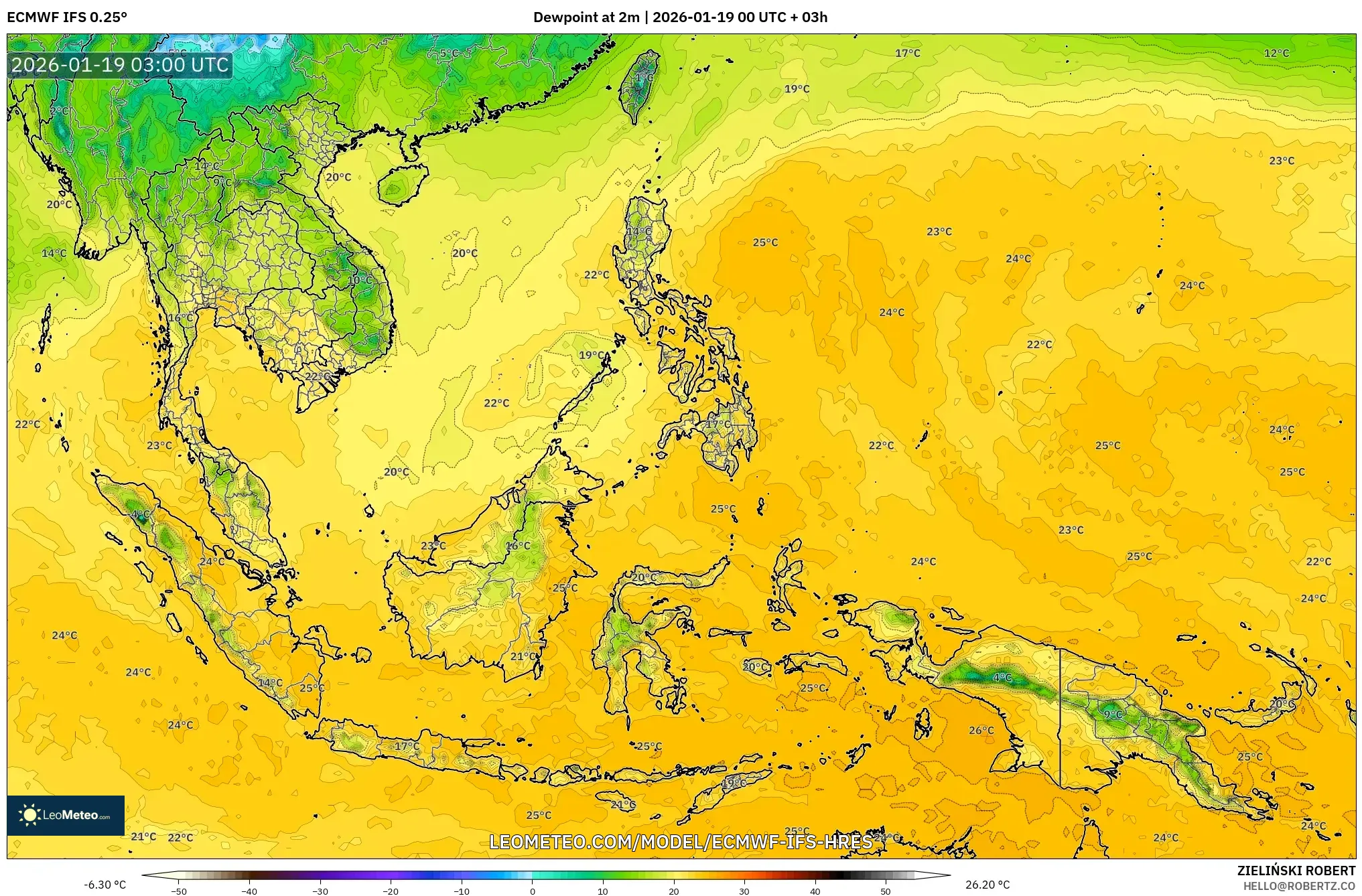 ECMWF IFS 0.25° model - South East Asia, Dewpoint at 2m
