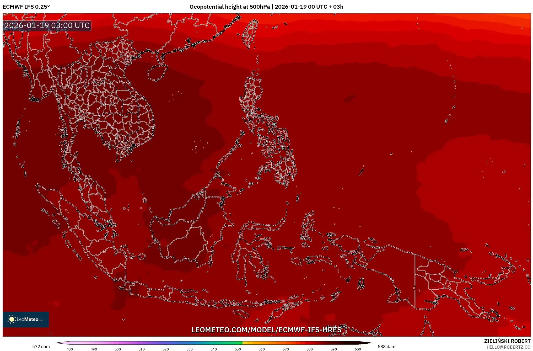 ECMWF IFS 0.25° model - South East Asia, Geopotential height at 500hPa