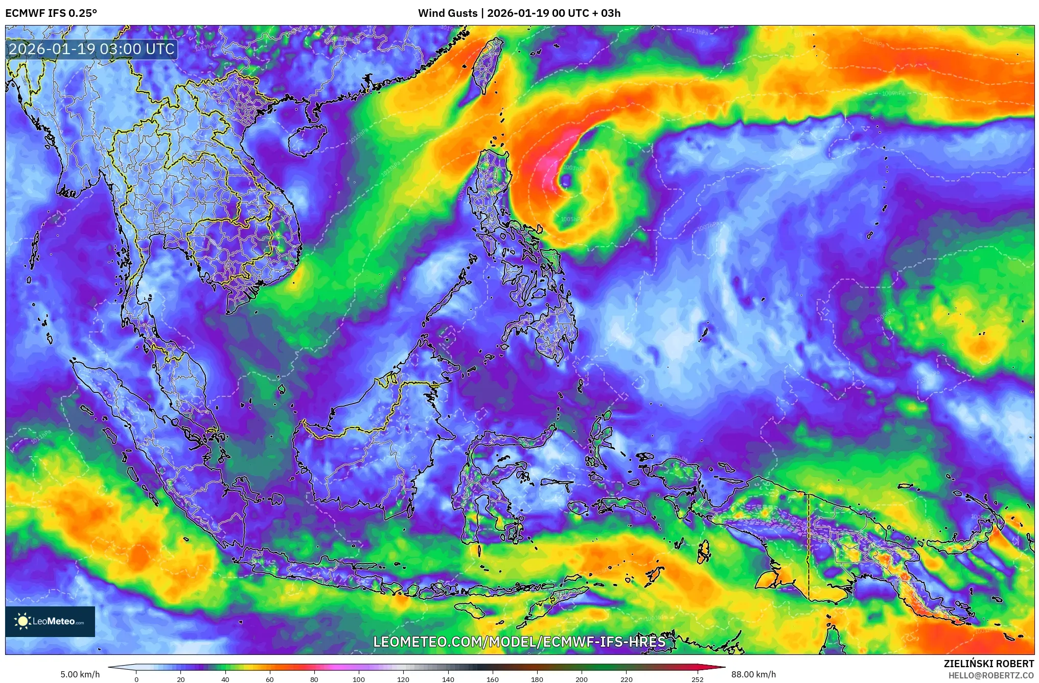 ECMWF IFS 0.25° model - South East Asia, Wind Gusts