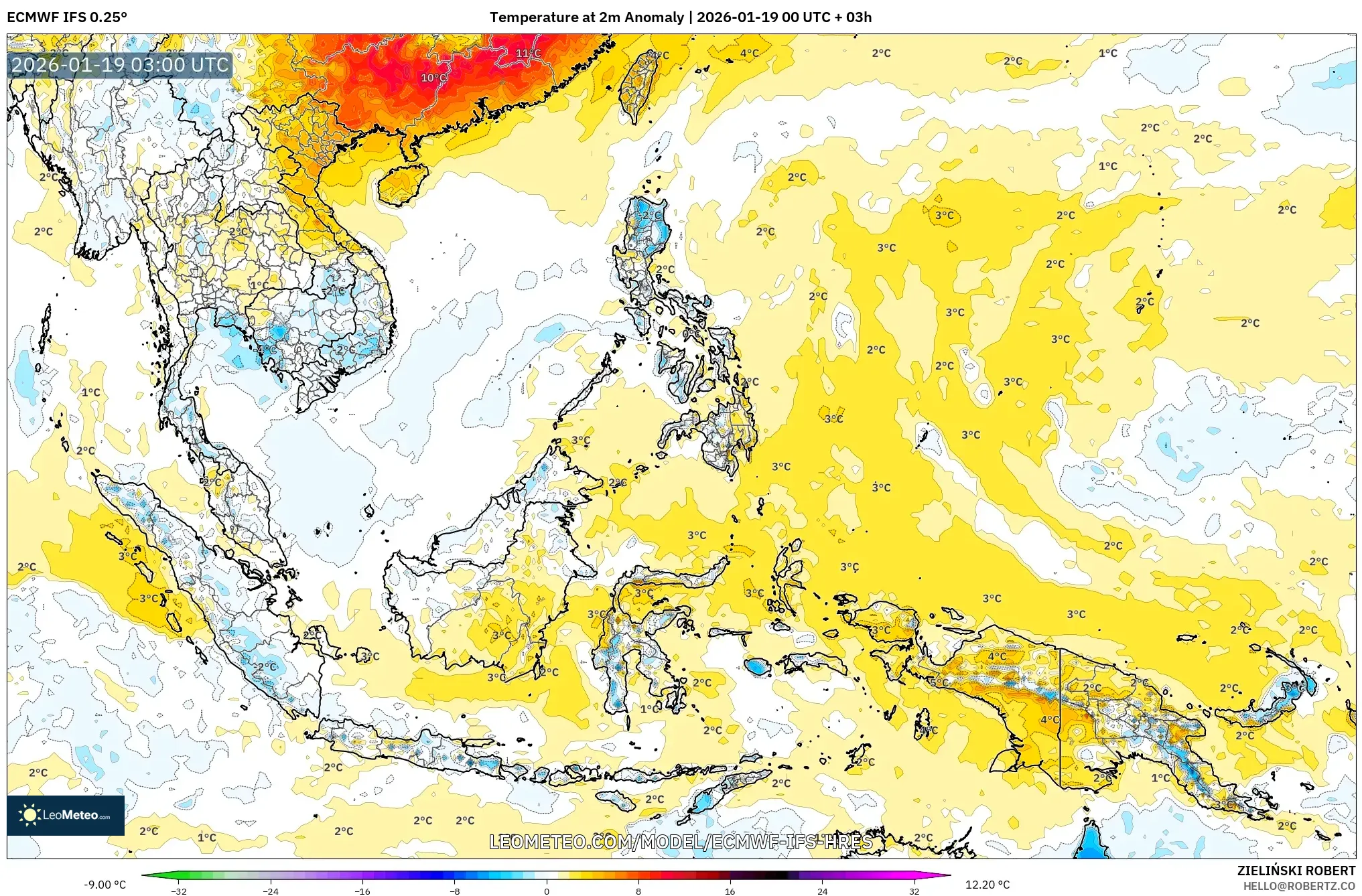 ECMWF IFS 0.25° model - South East Asia, Temperature at 2m Anomaly