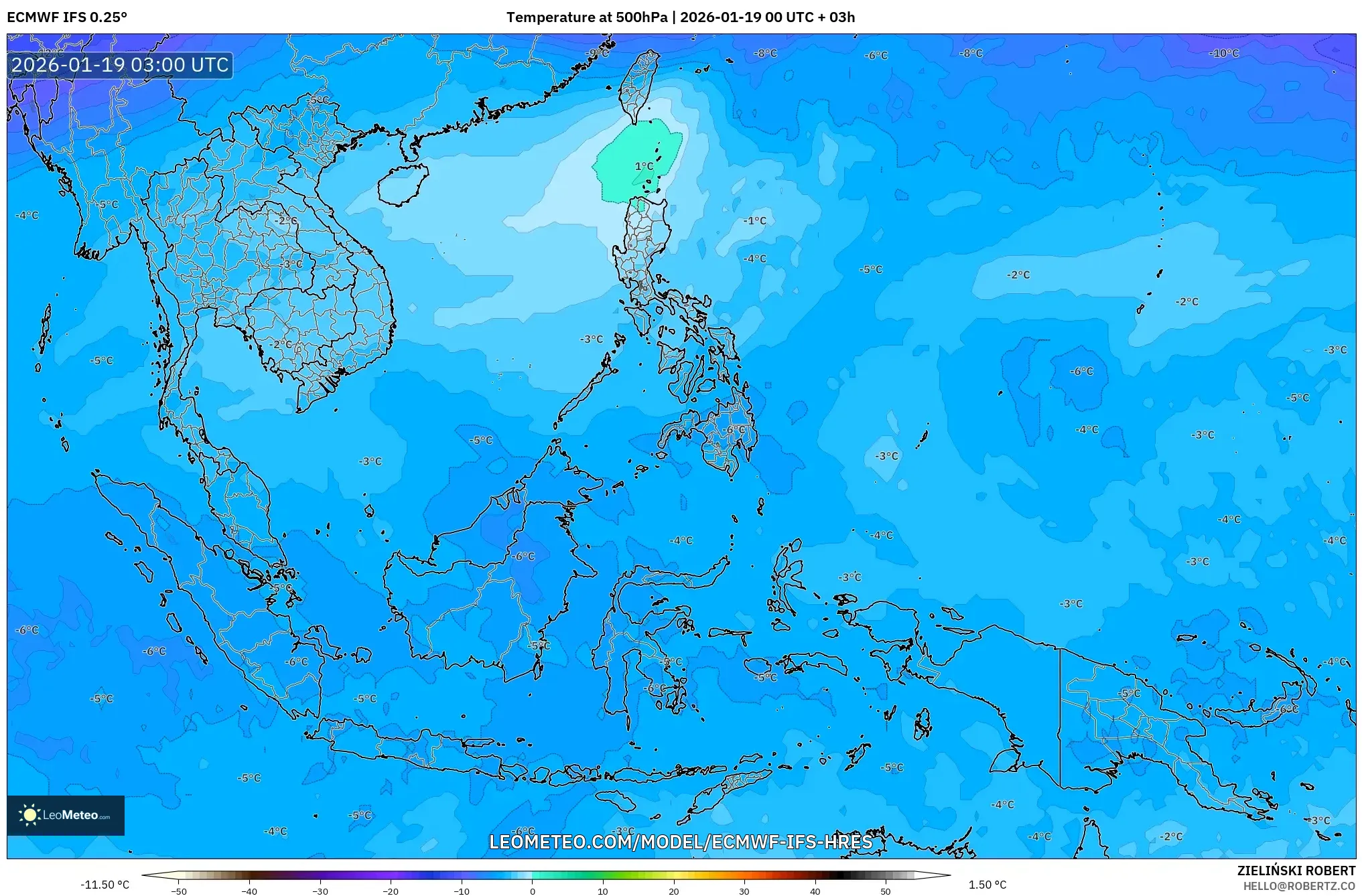 ECMWF IFS 0.25° model - South East Asia, Temperature at 500hPa
