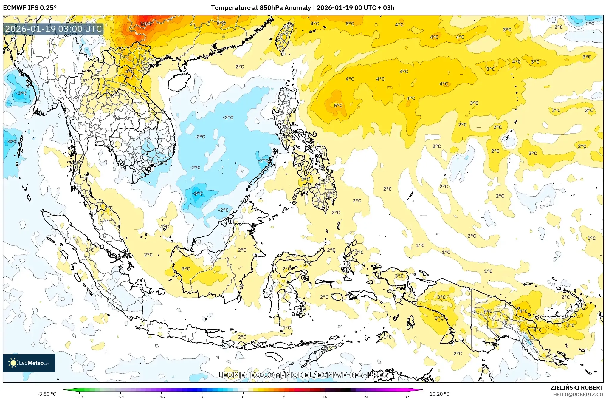 ECMWF IFS 0.25° model - South East Asia, Temperature at 850hPa Anomaly