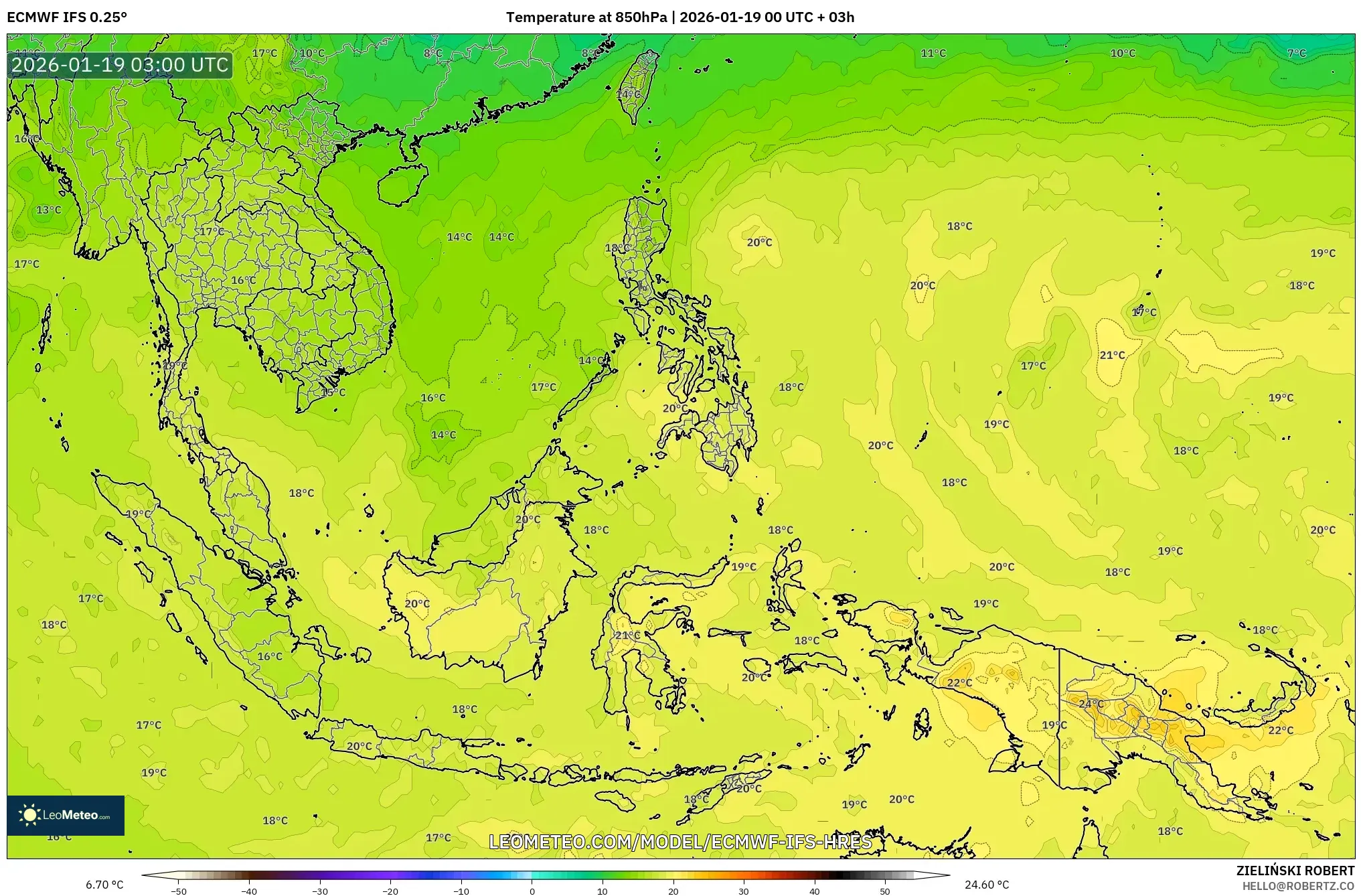 ECMWF IFS 0.25° model - South East Asia, Temperature at 850hPa