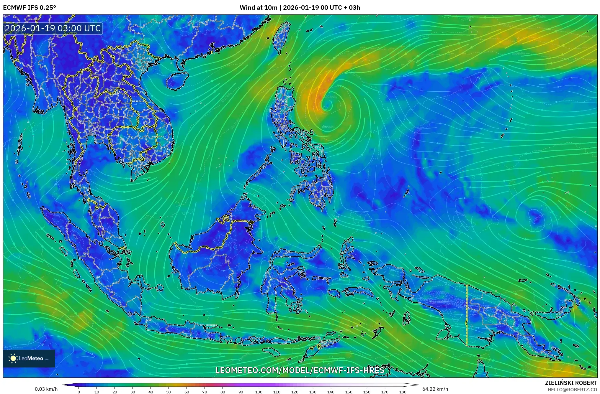 ECMWF IFS 0.25° model - South East Asia, Wind at 10m