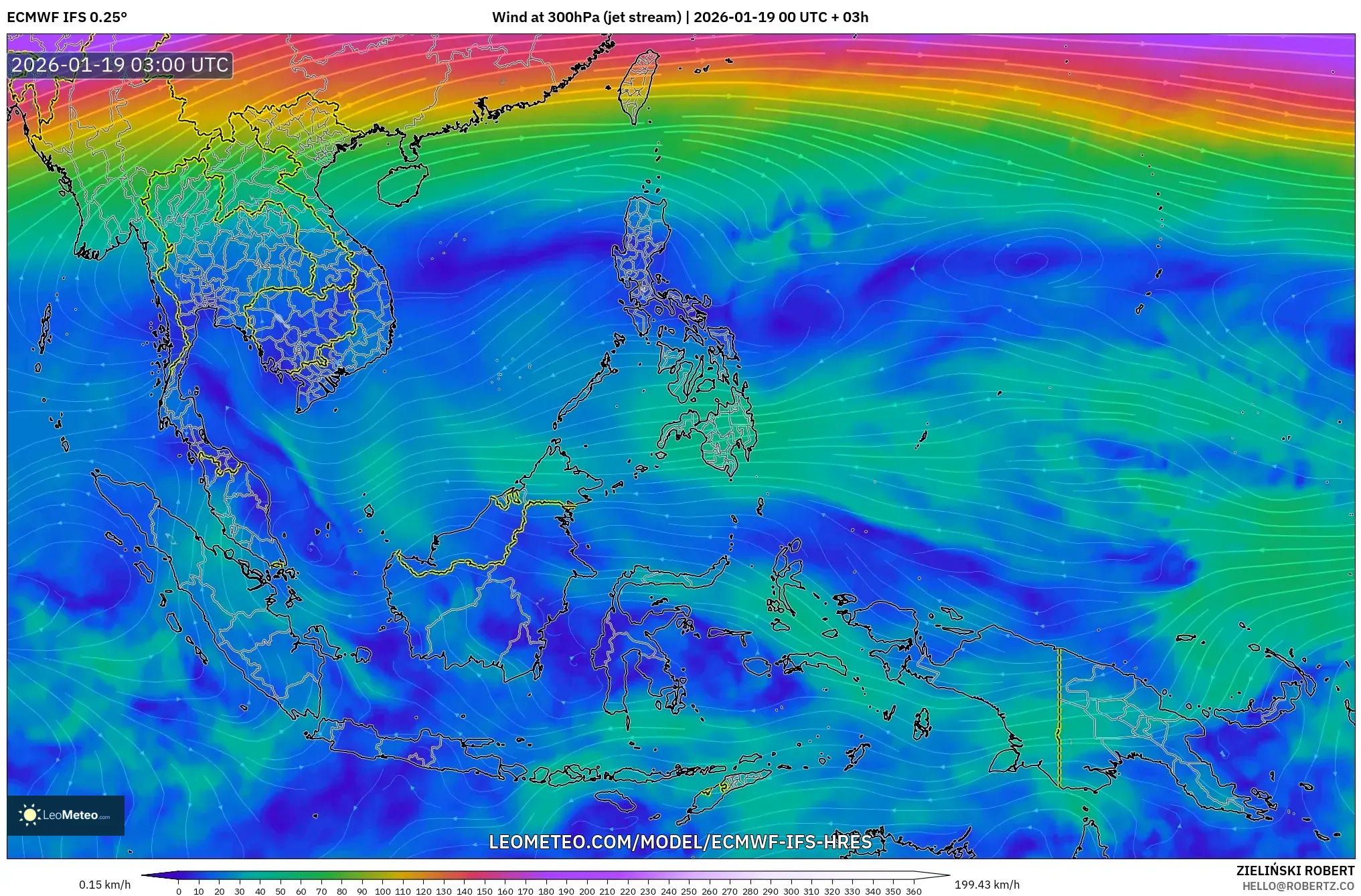ECMWF IFS 0.25° model - South East Asia, Wind at 300hPa (jet stream)