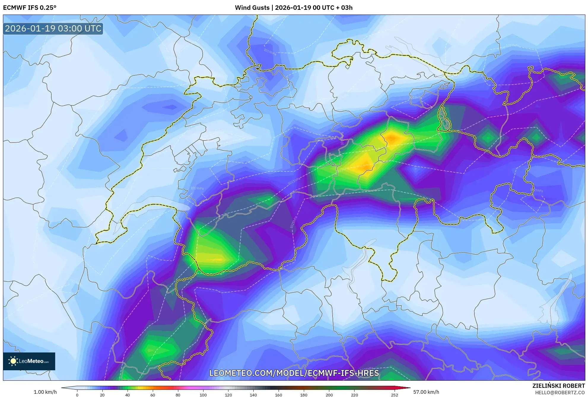 ECMWF IFS 0.25° model - Switzerland, Wind Gusts