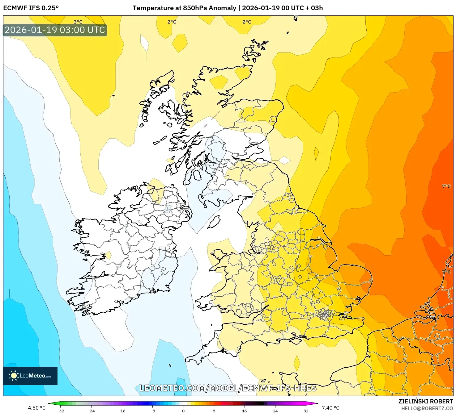 ECMWF IFS 0.25° model - United Kingdom, Temperature at 850hPa Anomaly