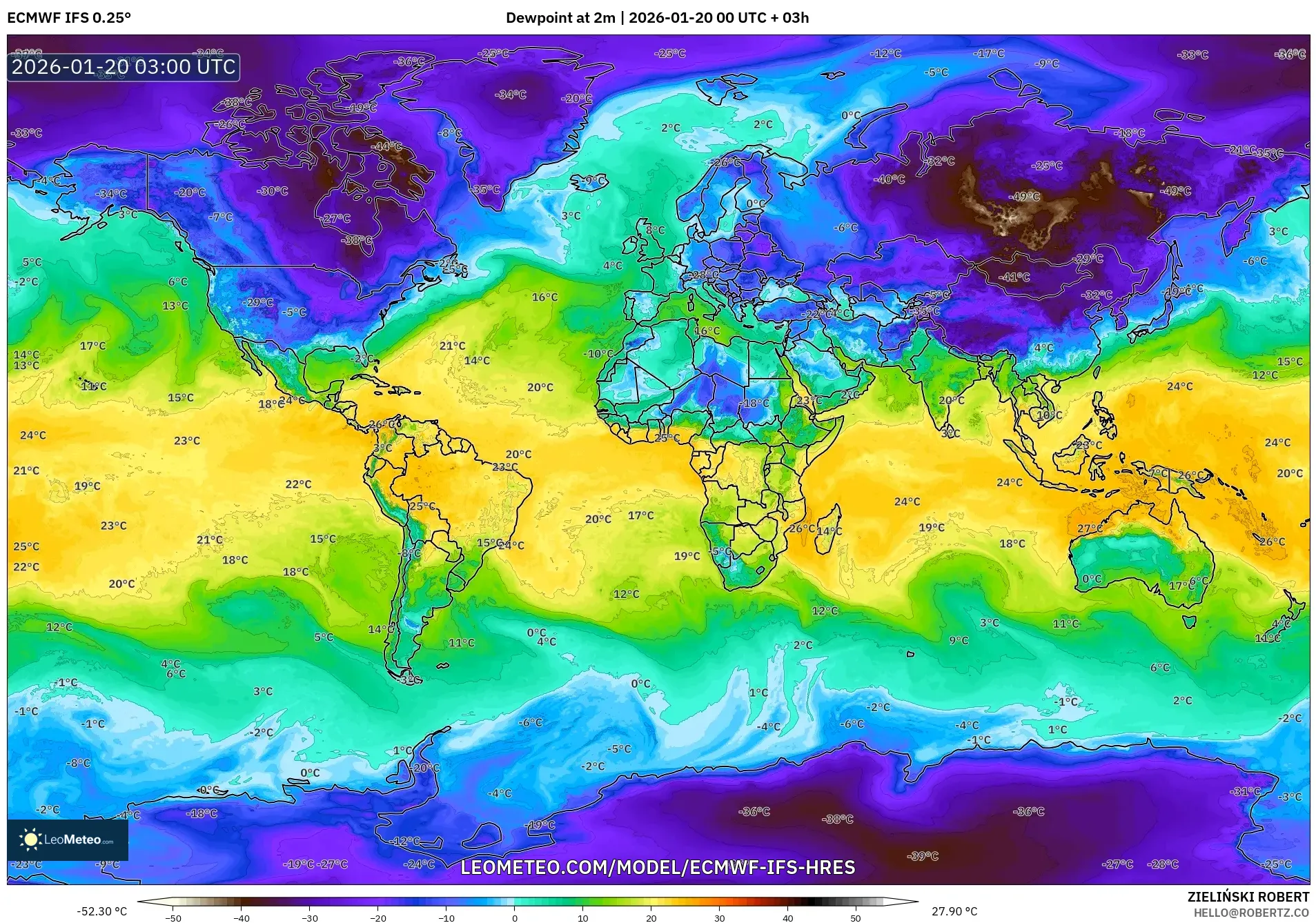 ECMWF IFS 0.25° model - World, Dewpoint at 2m