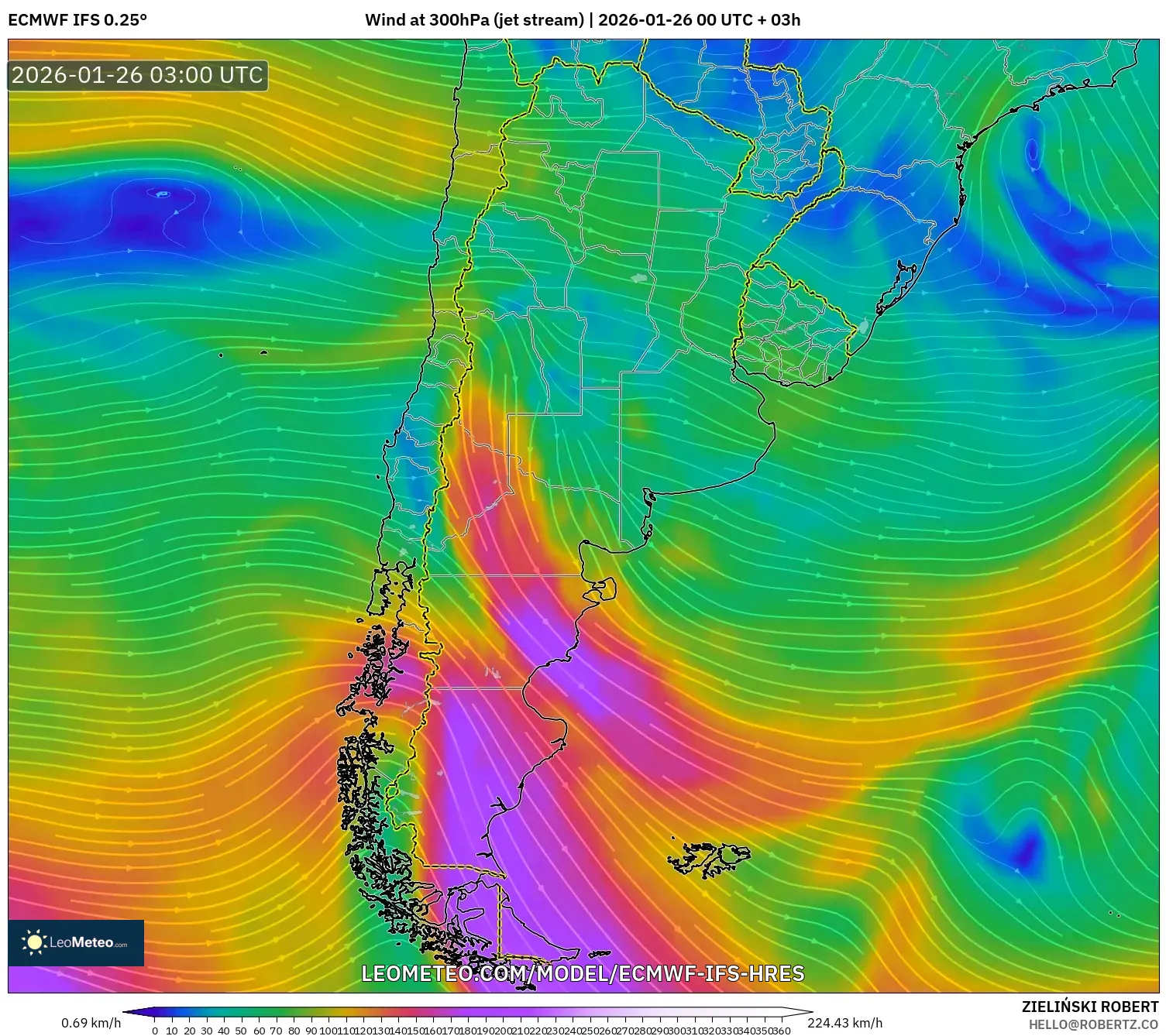 ECMWF IFS 0.25° model - Argentina, Wind at 300hPa (jet stream)