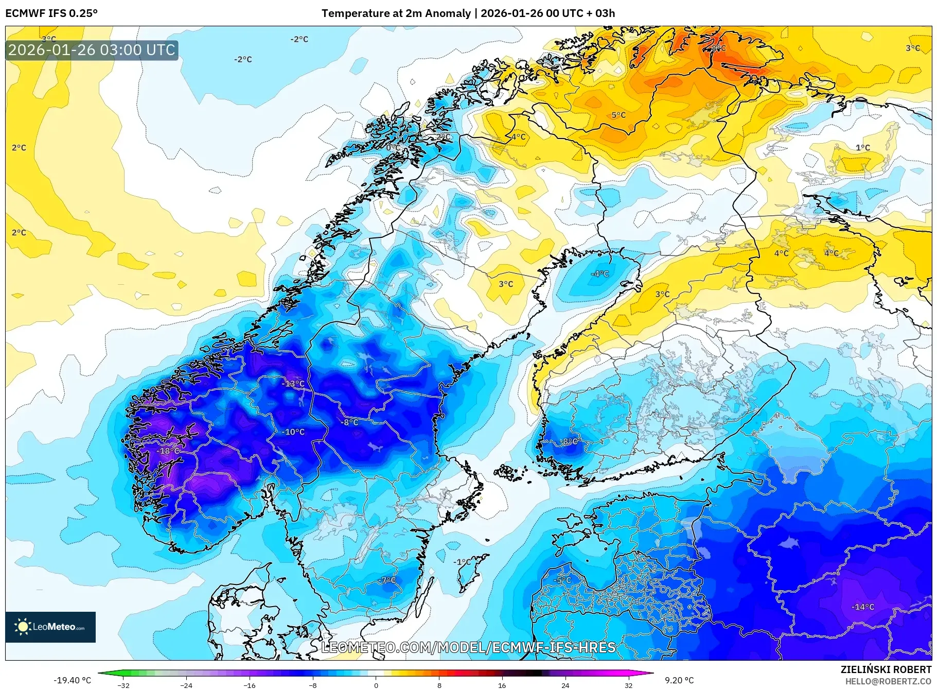 ECMWF IFS 0.25° model - Scandinavia, Temperature at 2m Anomaly
