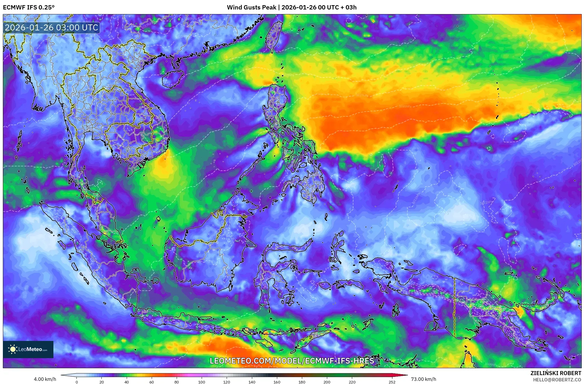 ECMWF IFS 0.25° model - South East Asia, Wind Gusts Peak