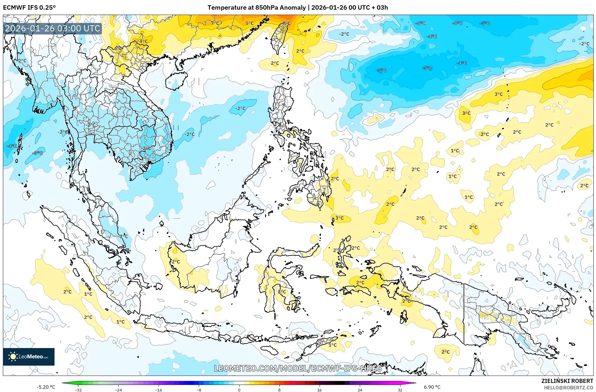 ECMWF IFS 0.25° model - South East Asia, Temperature at 850hPa Anomaly