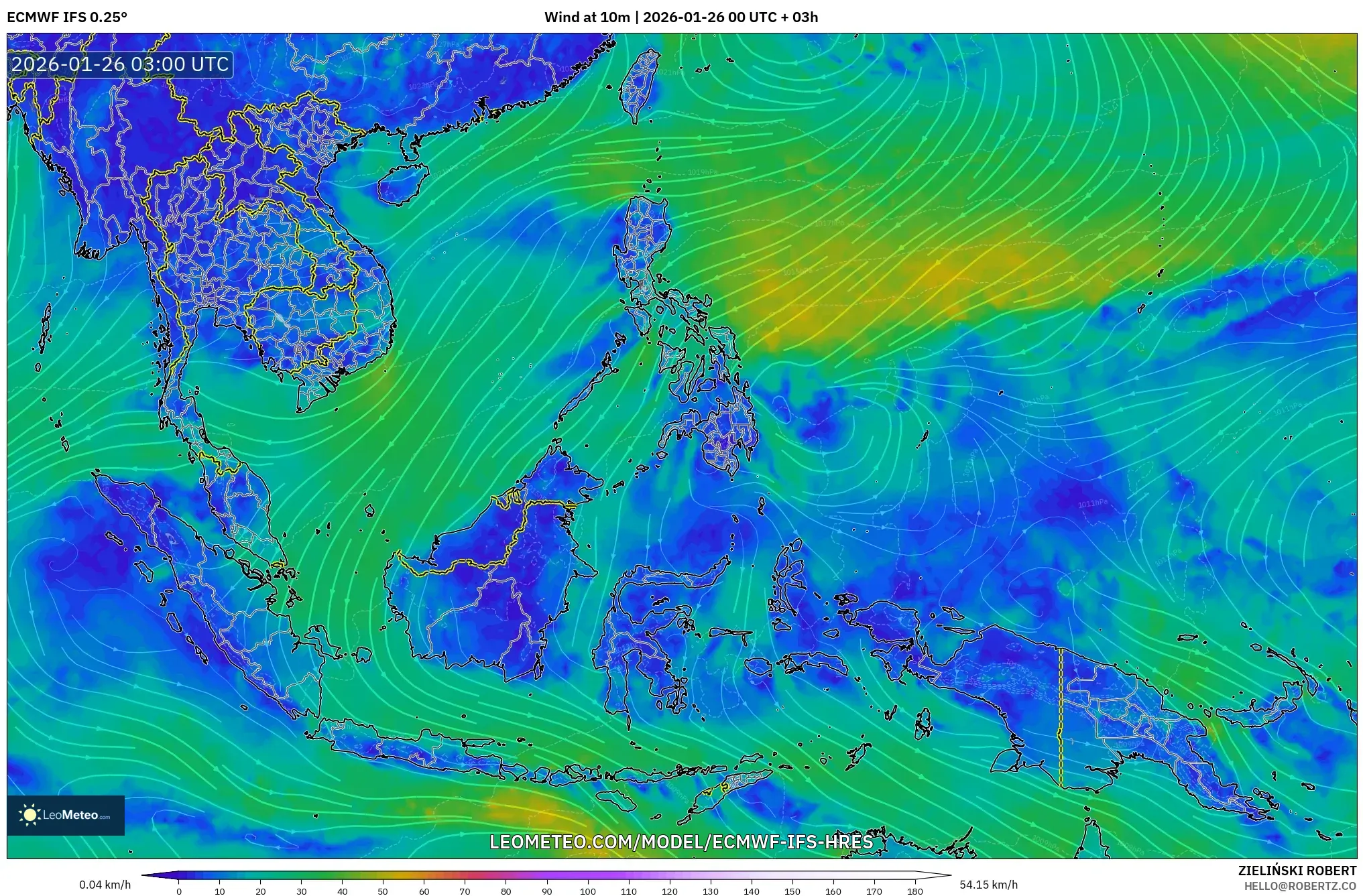 ECMWF IFS 0.25° model - South East Asia, Wind at 10m